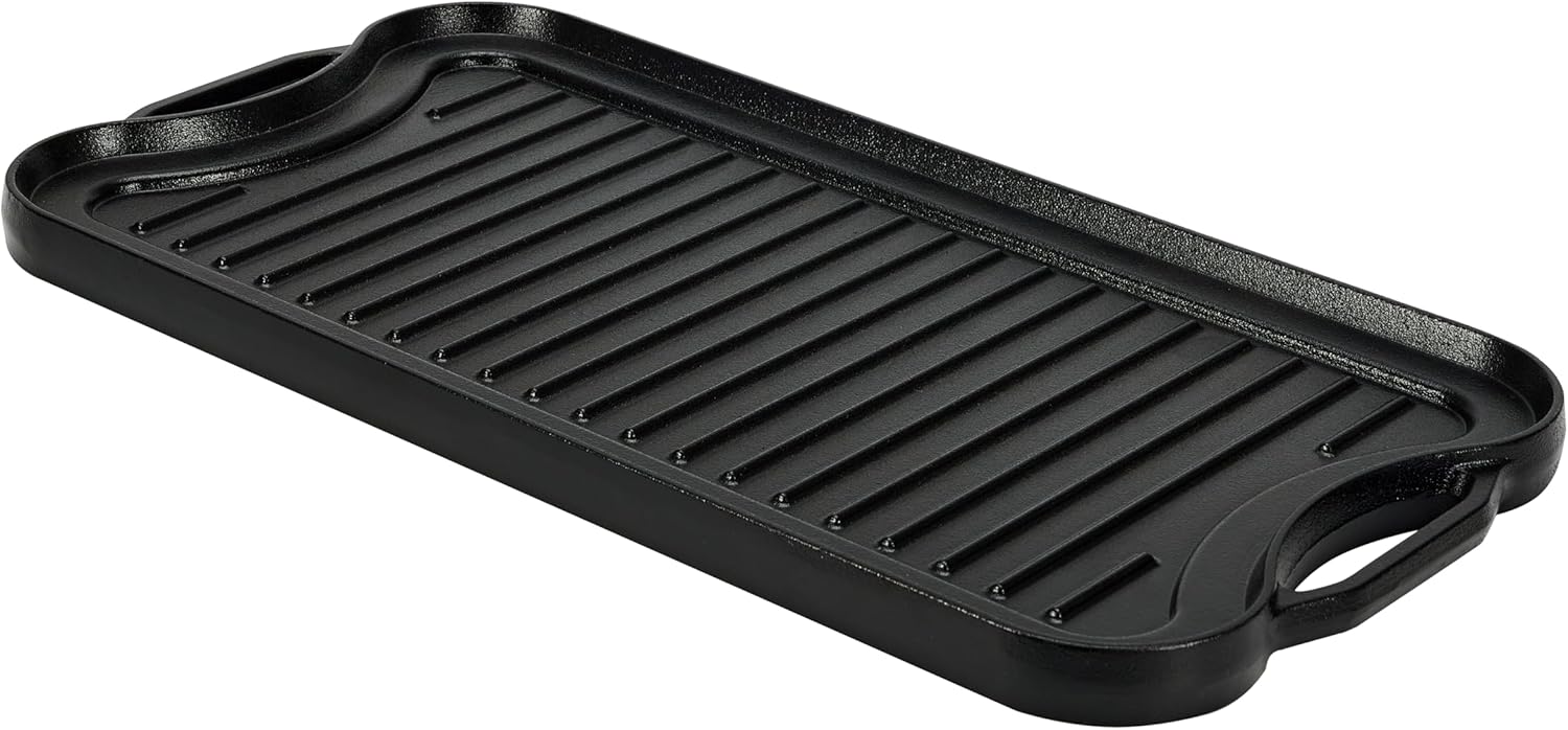 Amazon Basics Pre-Seasoned Cast Iron Reversible Rectangular Grill/Griddle with Even Heat Distribution, Black, 20 x 10.63 x 0.98 inch