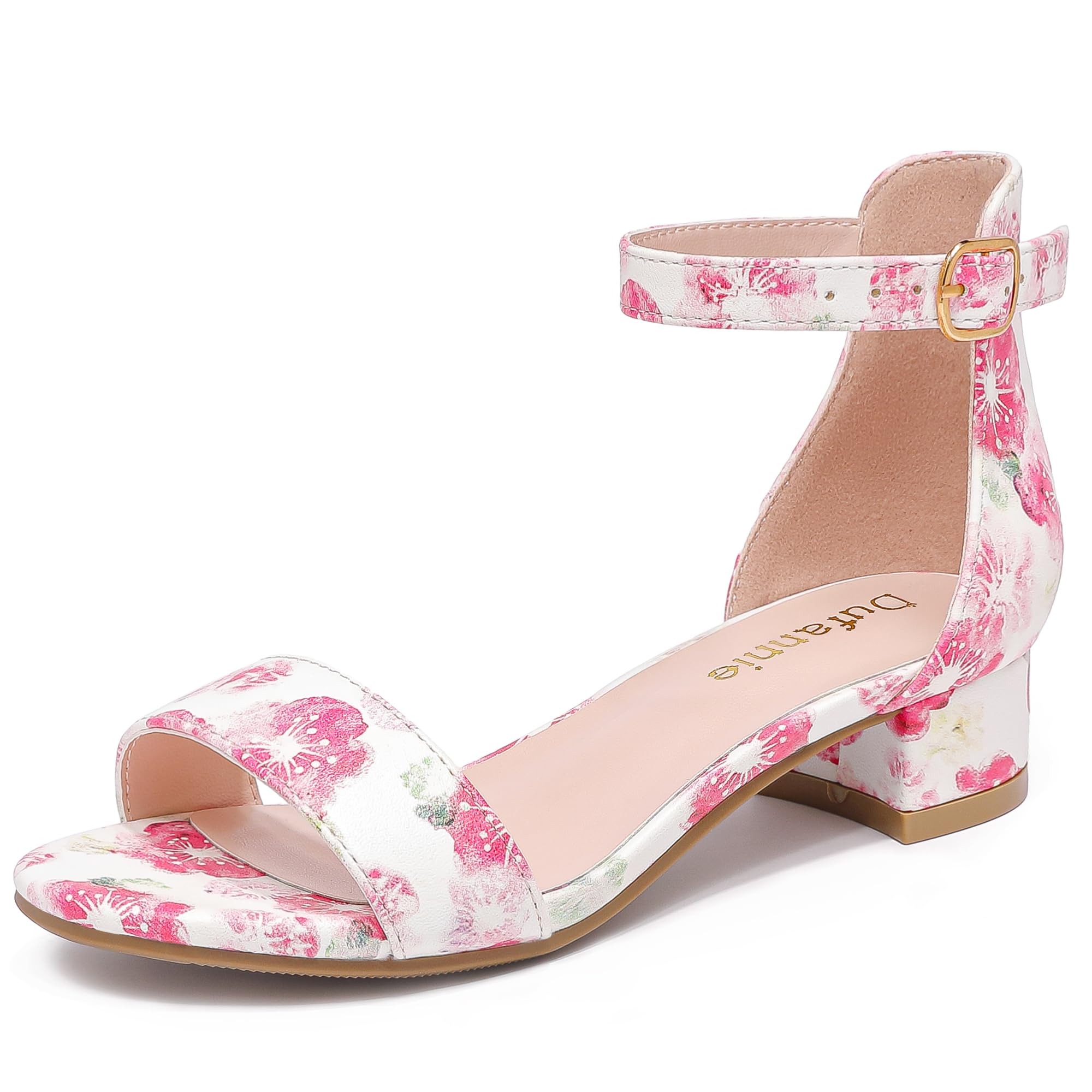 Dufannie Girls Sandals Low Heels Dress Pump Ankle Strap Open Toe Flower Girl Wedding Party for Toddler Little Big Kid