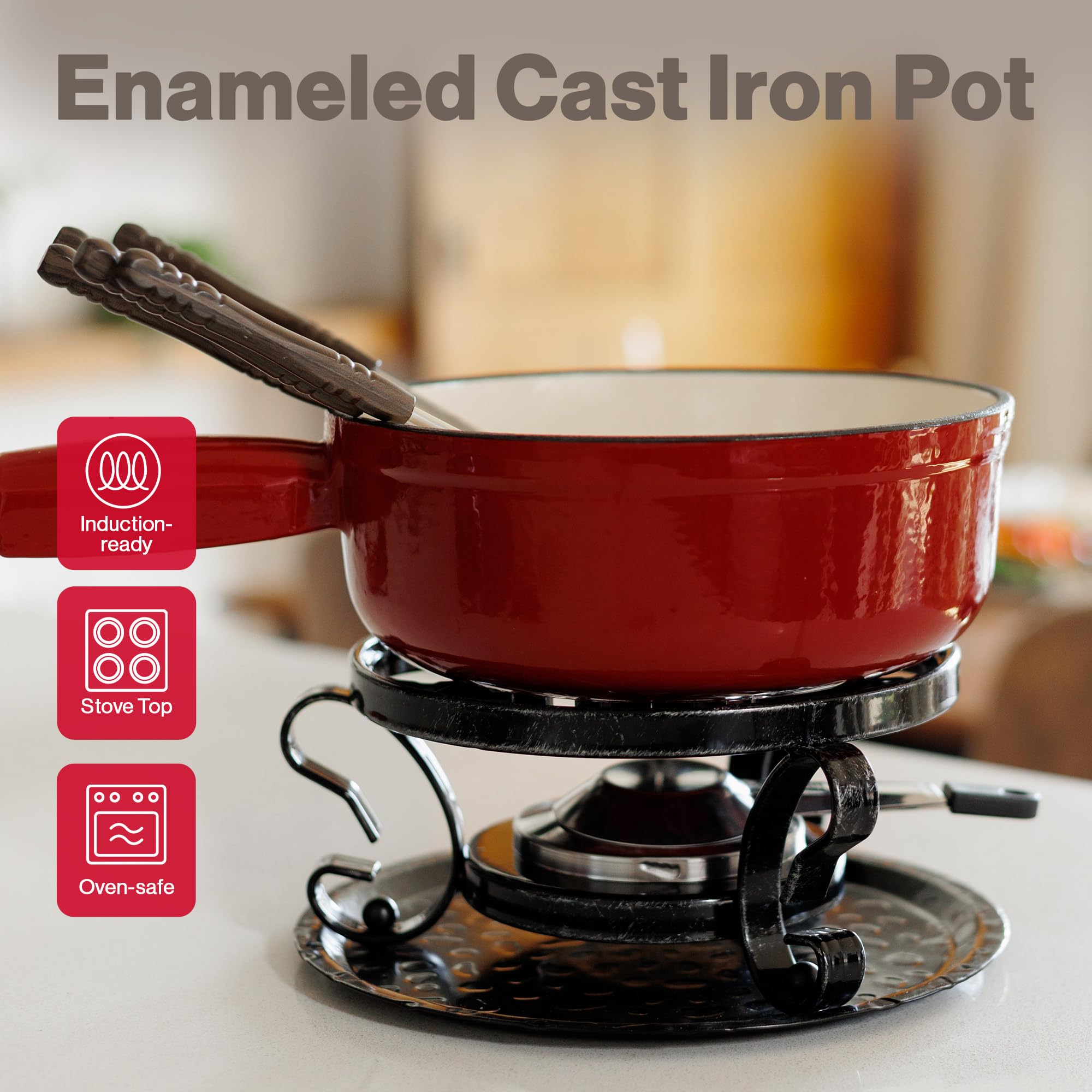 Swissmar Lugano Cast Iron Cheese Fondue Set, 9-Piece, 2 QT / 2 L - Ideal for Melting Cheese, Chocolates, Caramel, & More - Perfect for Kitchen Collection & Gift Giving - Matte Black