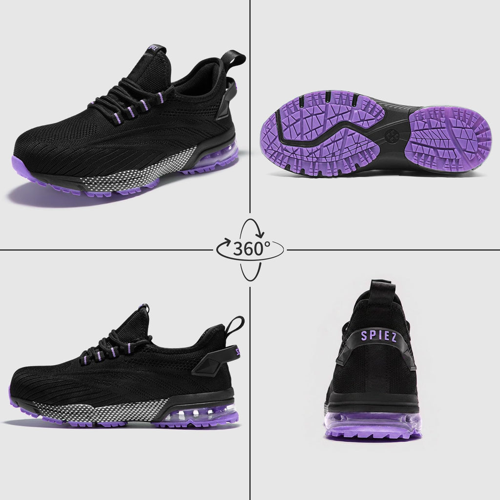 SPIEZ Safety Shoes for Women, Composite Toe Work Shoes with Air Cushioned Comfort, Lightweight Puncture Proof Safety Sneakers for Work and Daily Wear, Black Pink/Purple US4.5–10