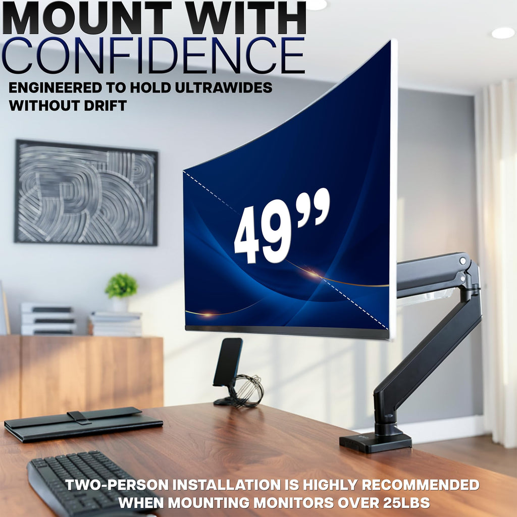 VIVO Premium Aluminum Tall Extended Monitor Arm for Ultrawide Monitors up to 49 inches and 33 lbs, Single Desk Mount Stand, Pneumatic Height Adjusting, Max VESA 100x100, Black, STAND-V101GT