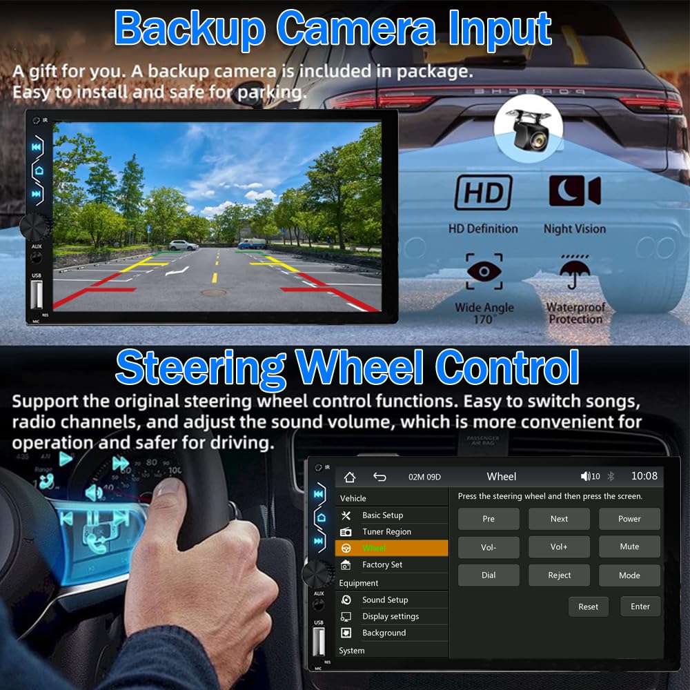 Leadfan Double Din Car Stereo with Dash Cam,7 Inch Full HD Touchscreen Car Audio Receiver Support Carplay and Android Auto,Car Stereo with Bluetooth,Mirror Link,Backup Camera,FM/USB/AUX/Subwoofer