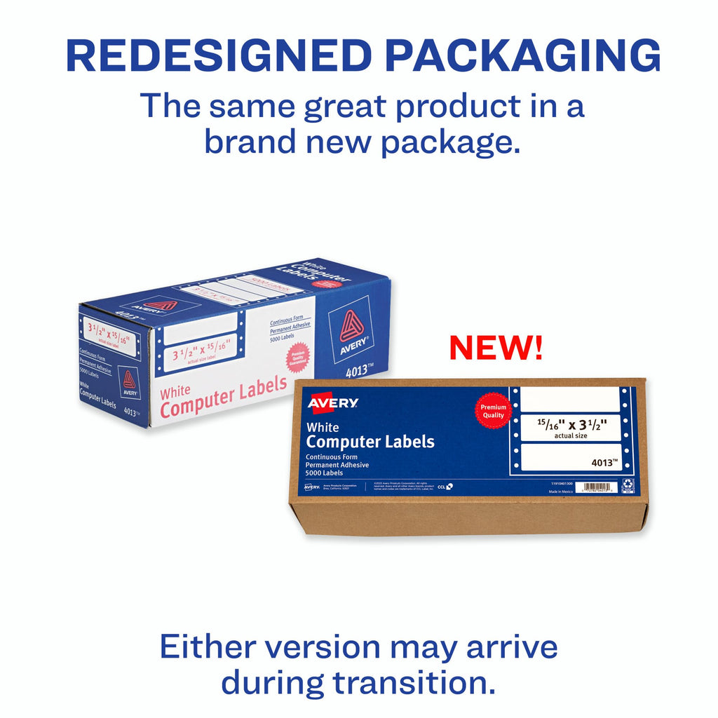 Avery White Computer Labels, 15/16" x 3-1/2", Dot Matrix and Pin-Feed Printers, 5,000 Total (4013)