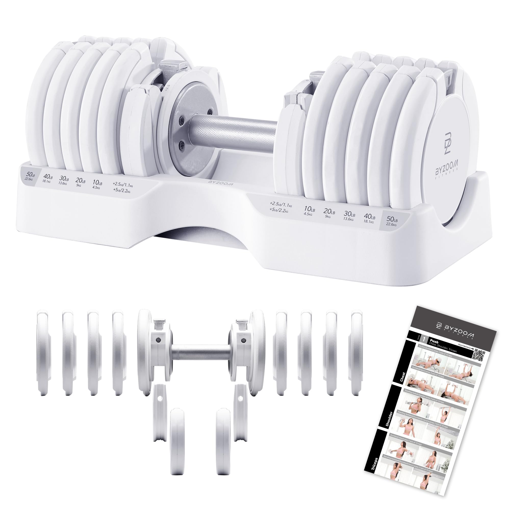 BYZOOM FITNESS Pure Series Adjustable Dumbbell - 12.5/25/27.5/50/55/75lb - ONE UNIT OR PAIR(check QTY before purchase) - 5-in-1/ 10-in-1 / 15-in-1 / 21-in-1 Flexible Hand Weights for Home Apartment Garage Gym, Strength Training & Fitness Workouts, White O