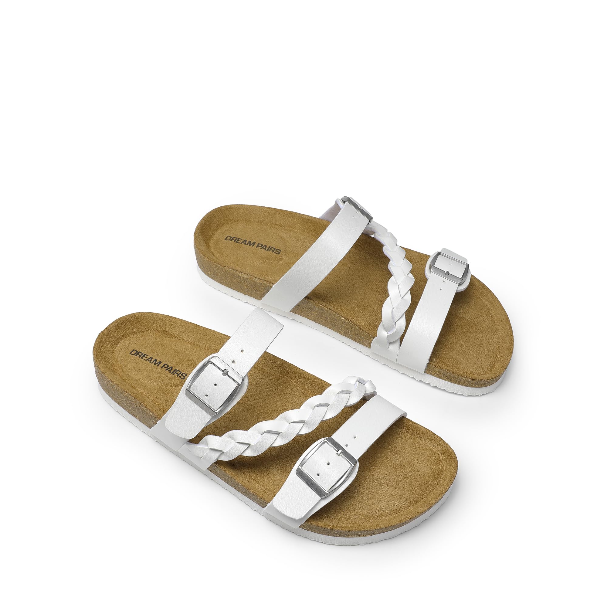 DREAM PAIRS Women's Slides Soft Cork Footbed Sandals Comfortable Walking Slip-on Flat Sandals Arch Support Adjustable Buckle Braided Straps Slippers