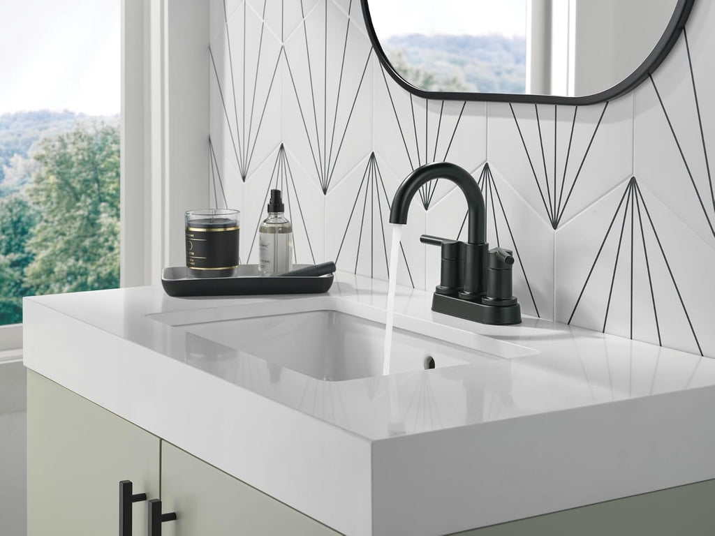 Delta Nicoli Centerset Matte Black Bathroom Faucet, 4 Inch 3 Hole Bathroom Sink Faucet for Vanity, Push-Pop Drain Assembly, Matte Black 25749LF-BL