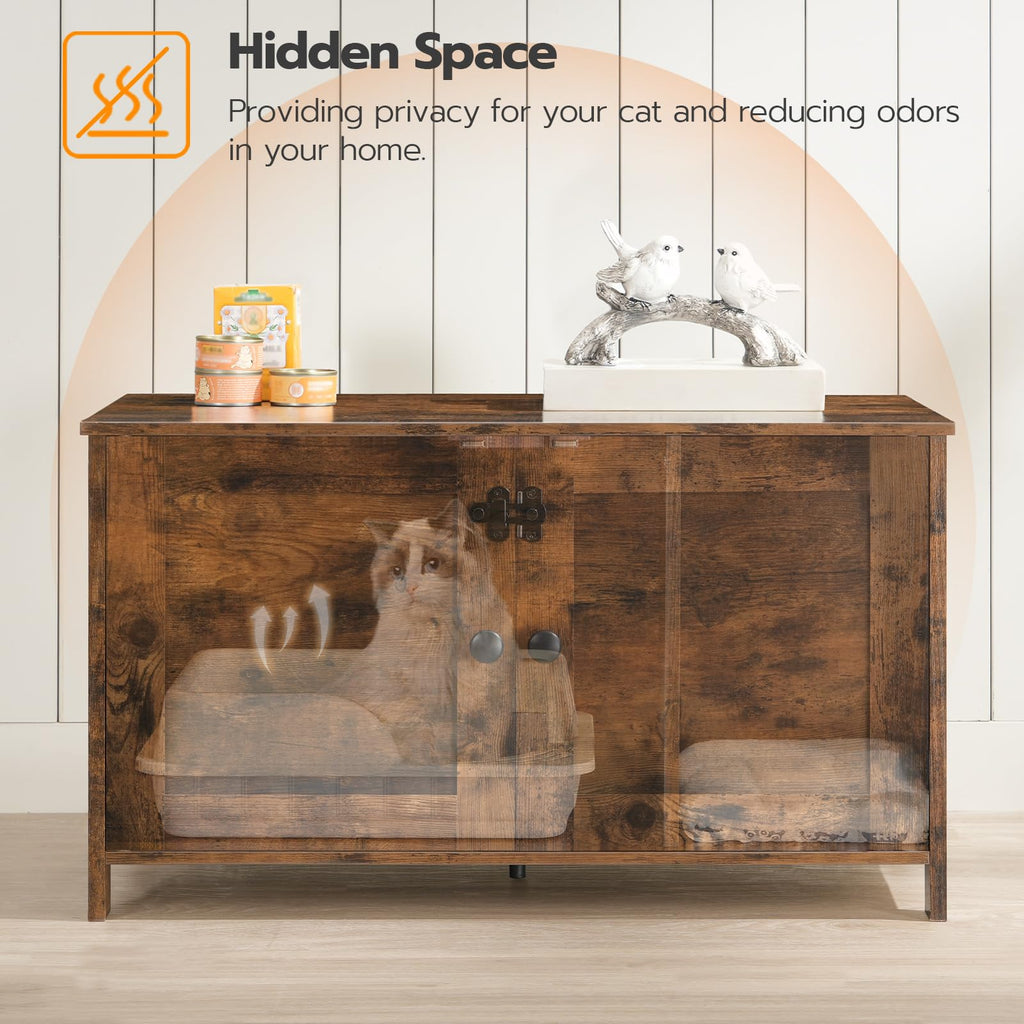 HOOBRO Litter Box Enclosure, Cat Litter Box Furniture with Removable Divider, Large Hidden Litter Box Furniture, Wooden Cat House, End Side Table, 31" L x 17.5" W x 19.7" H, Greige BG03MW01G2
