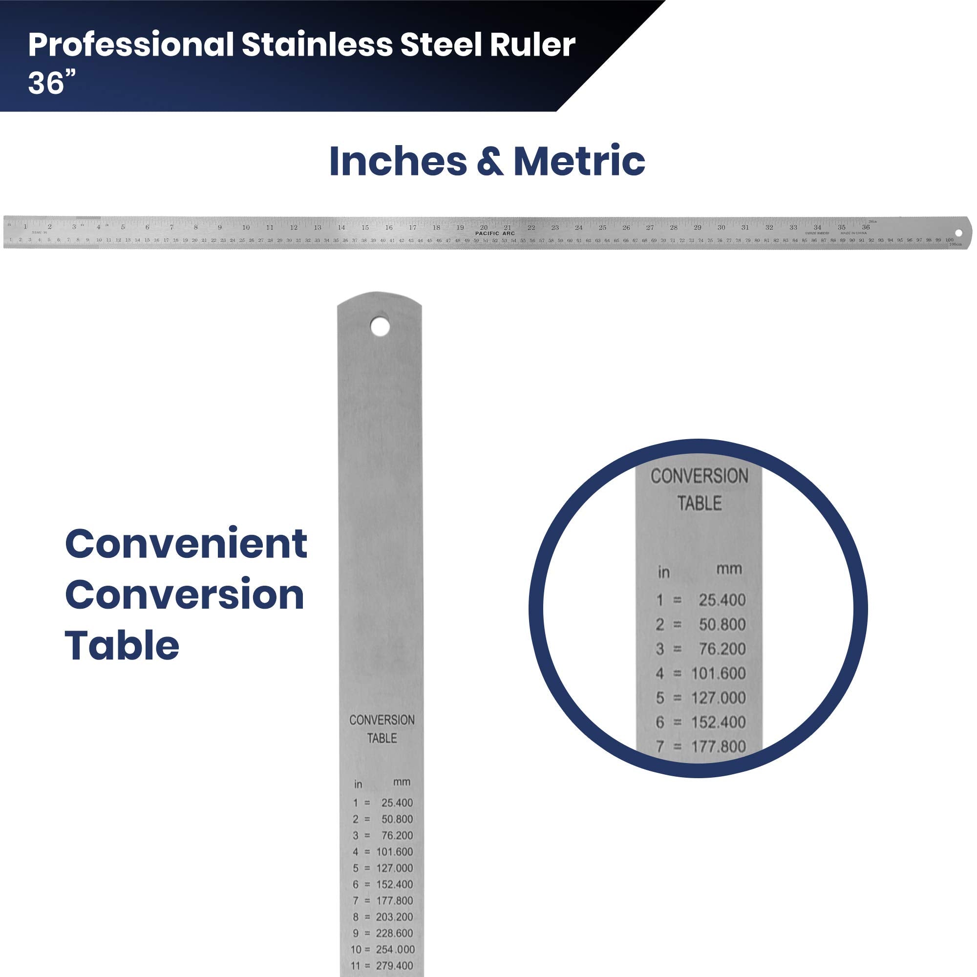 2 Pack Pacific Arc 12 Inch Stainless Steel Ruler with Inch/Metric Conversion Table