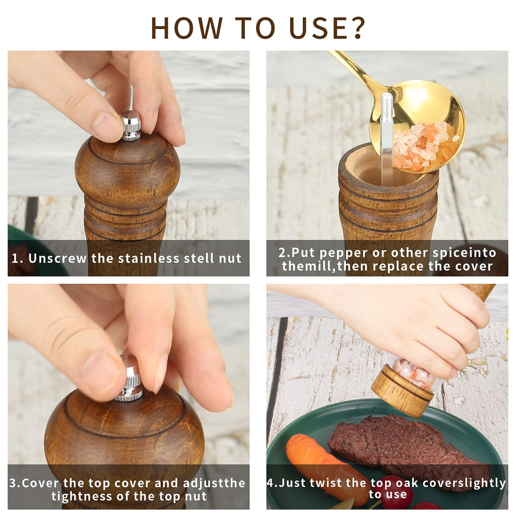Haomacro Wood Salt and Pepper Grinder Mills Set, Classic Manual Pepper Grinder Salt Grinder Refillable Pepper Mill Sets with Acrylic Visible Window Adjustable Ceramic Grinding Rotor 6.5inch 2 Pack