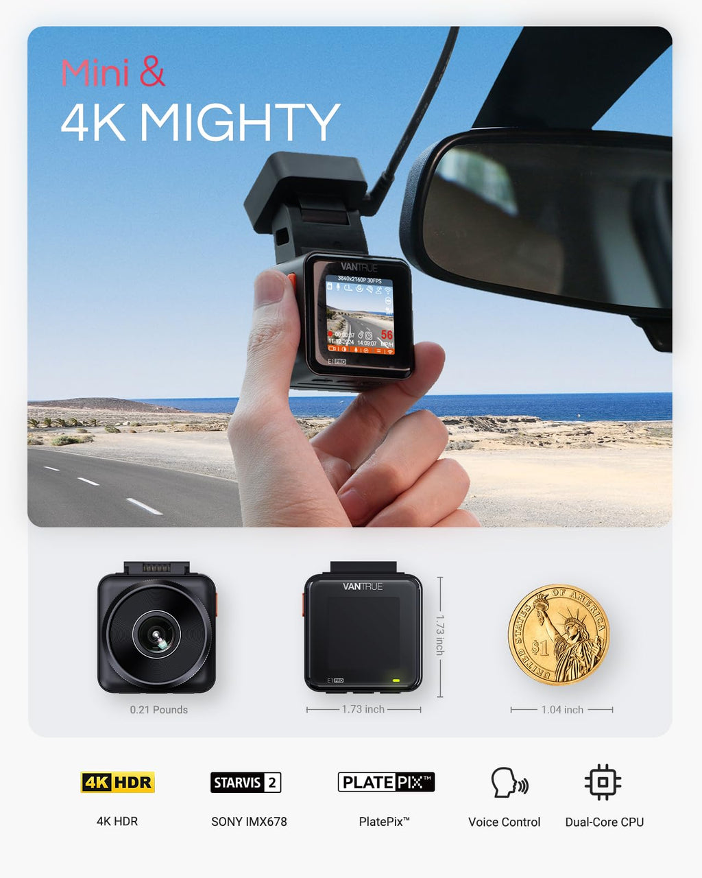 Vantrue E1 Pro 4K Mini Dash Cam Front - STARVIS 2 Night Vision with PlatePix™, HDR Car Camera, Built-in 5.8G WiFi GPS, Voice Control, 24/7 Buffered Parking Mode, Support 1TB Max