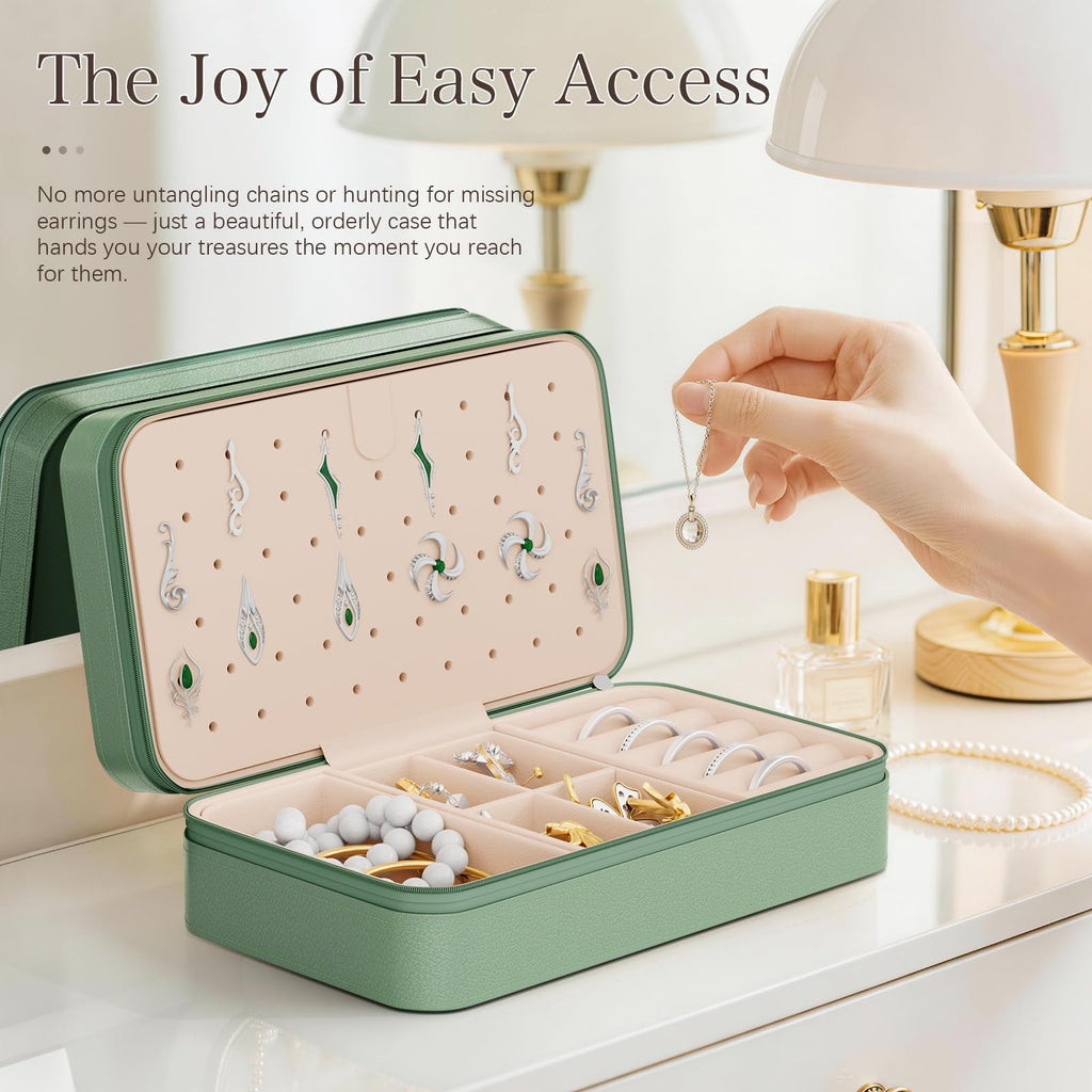 DesignSter Travel Jewelry Box, PU Leather Portable Jewelry Case, Small Jewelry Boxes for Gifts, Travel Jewelry Organizer for Women Rings Earrings Necklaces Bracelets (Avocado Green)