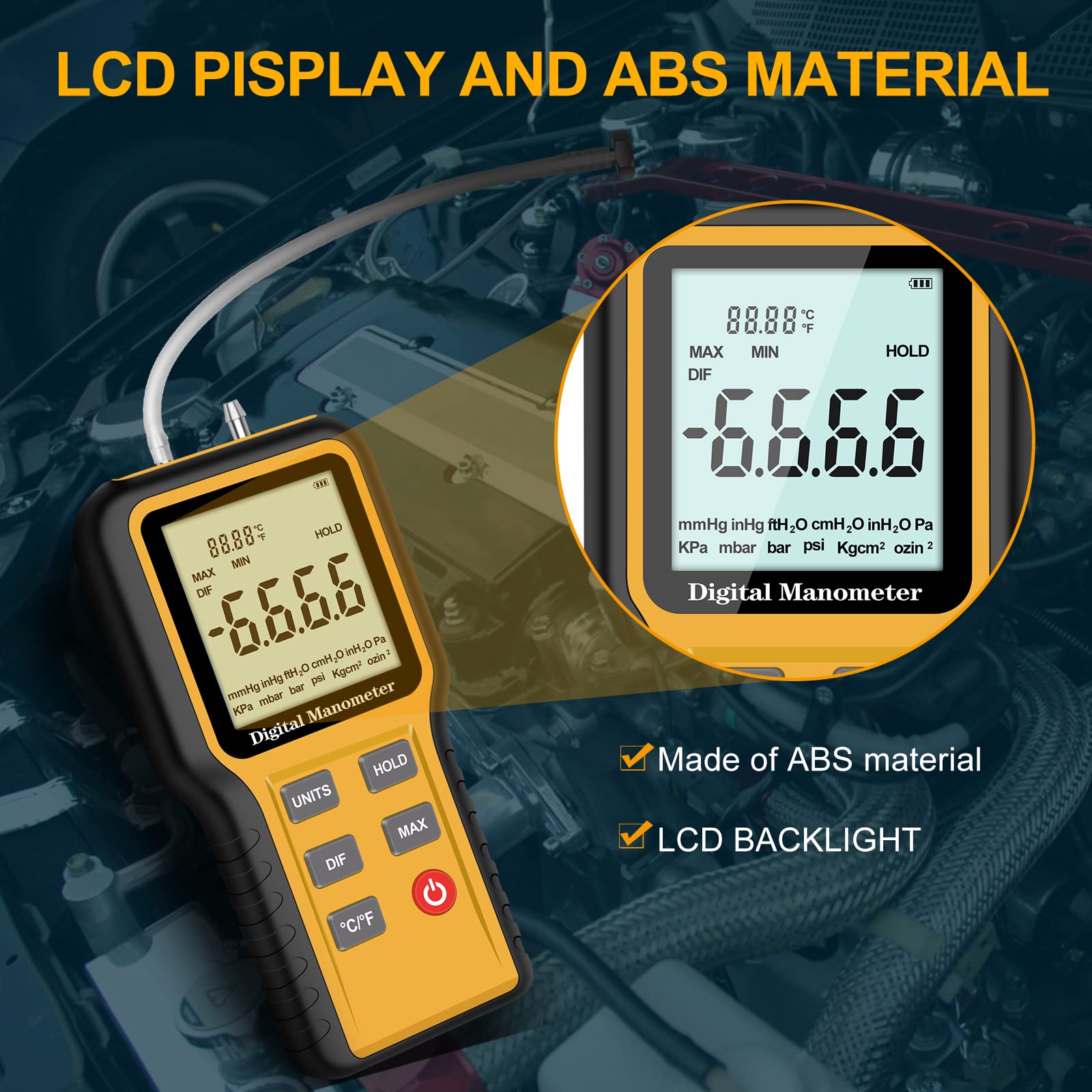 Manometer, Professional Air Pressure Meter, Dual-Port HVAC Digital Manometer Gas Pressure Tester,12 Selectable Units Differential Pressure Gauge, (Included Battery)