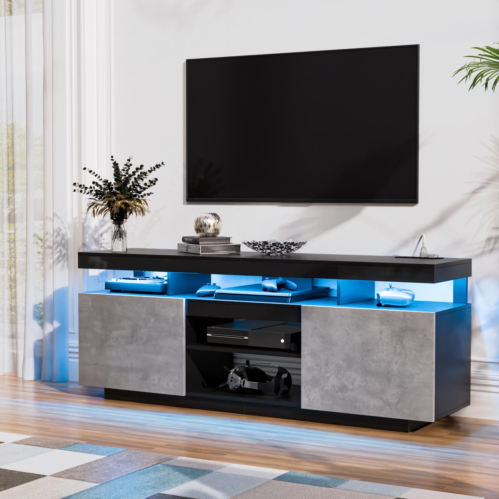 HOMMPA Modern LED TV Stand for 55 Inch TV, Black Tall TV Console with Power Outlet, Entertainment Center with Storage, High Gloss Gaming Media Console Cabinet for Living Room (47 Inch)