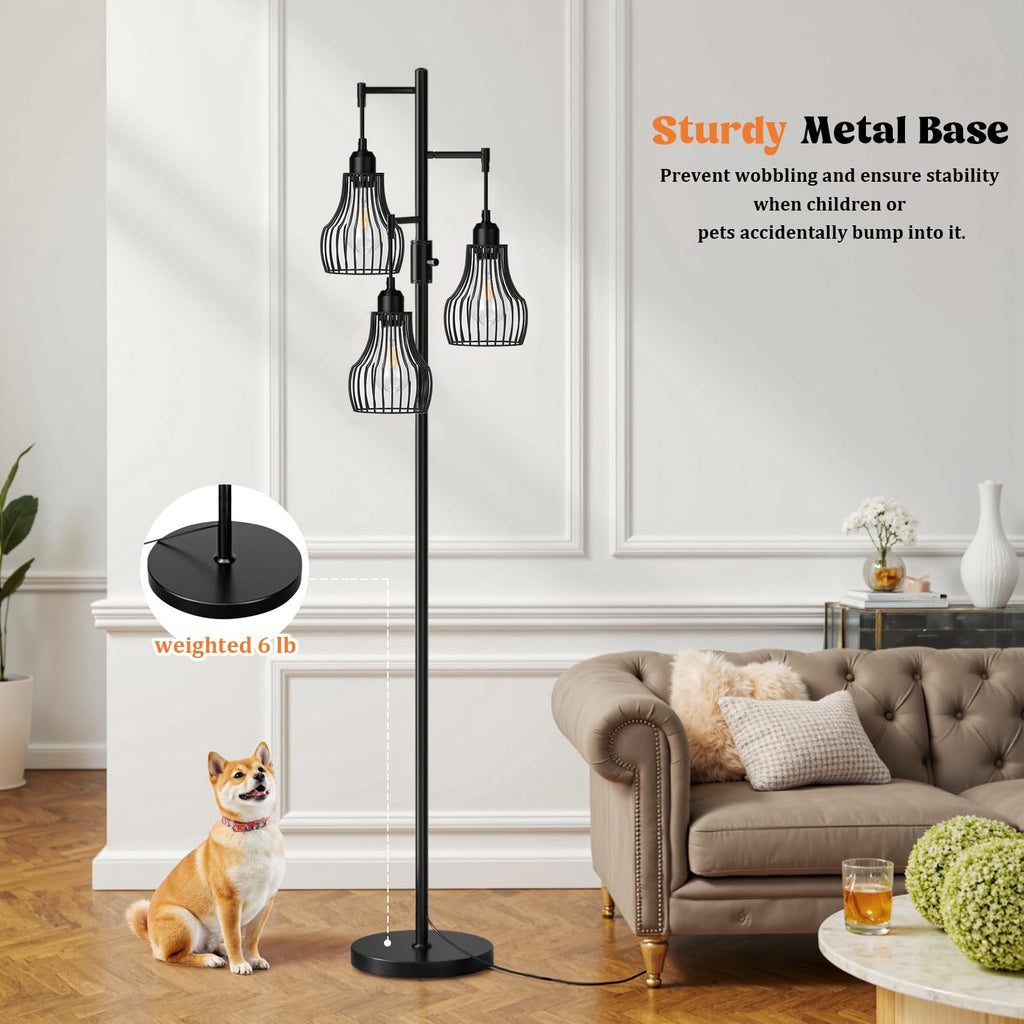Ziisee Dimmable Floor Lamps for Living Room, Industrial Tree Standing Tall Lamps with 3 Elegant Cage Shade & 800 Lumens LED Bulbs for Bedroom Office - Brown