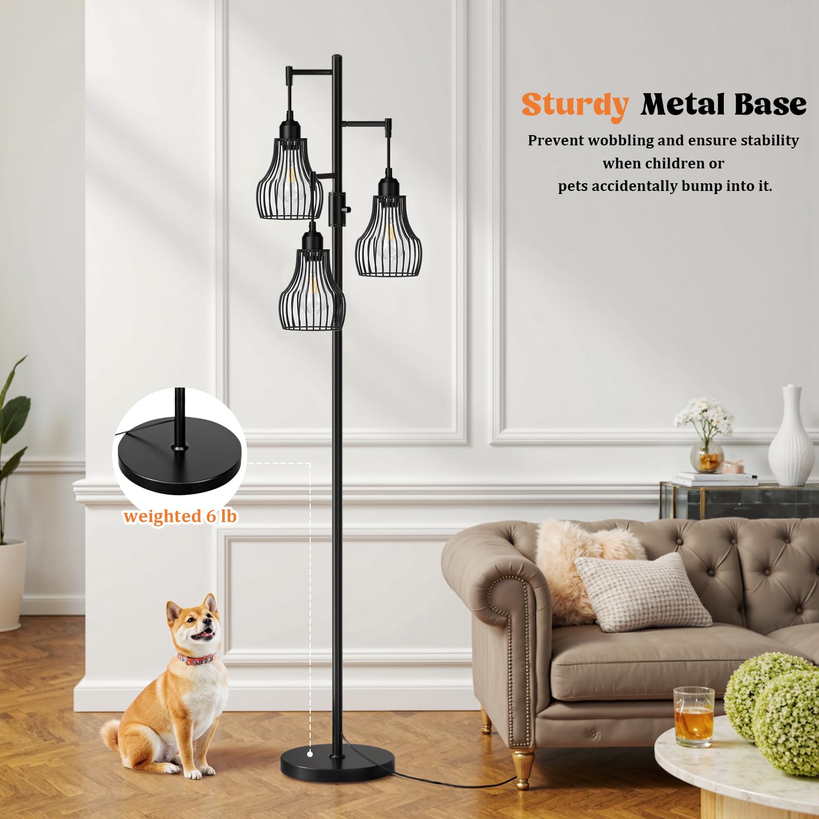 Ziisee Dimmable Floor Lamps for Living Room, Industrial Tree Standing Tall Lamps with 3 Elegant Cage Shade & 800 Lumens LED Bulbs for Bedroom Office - Brown