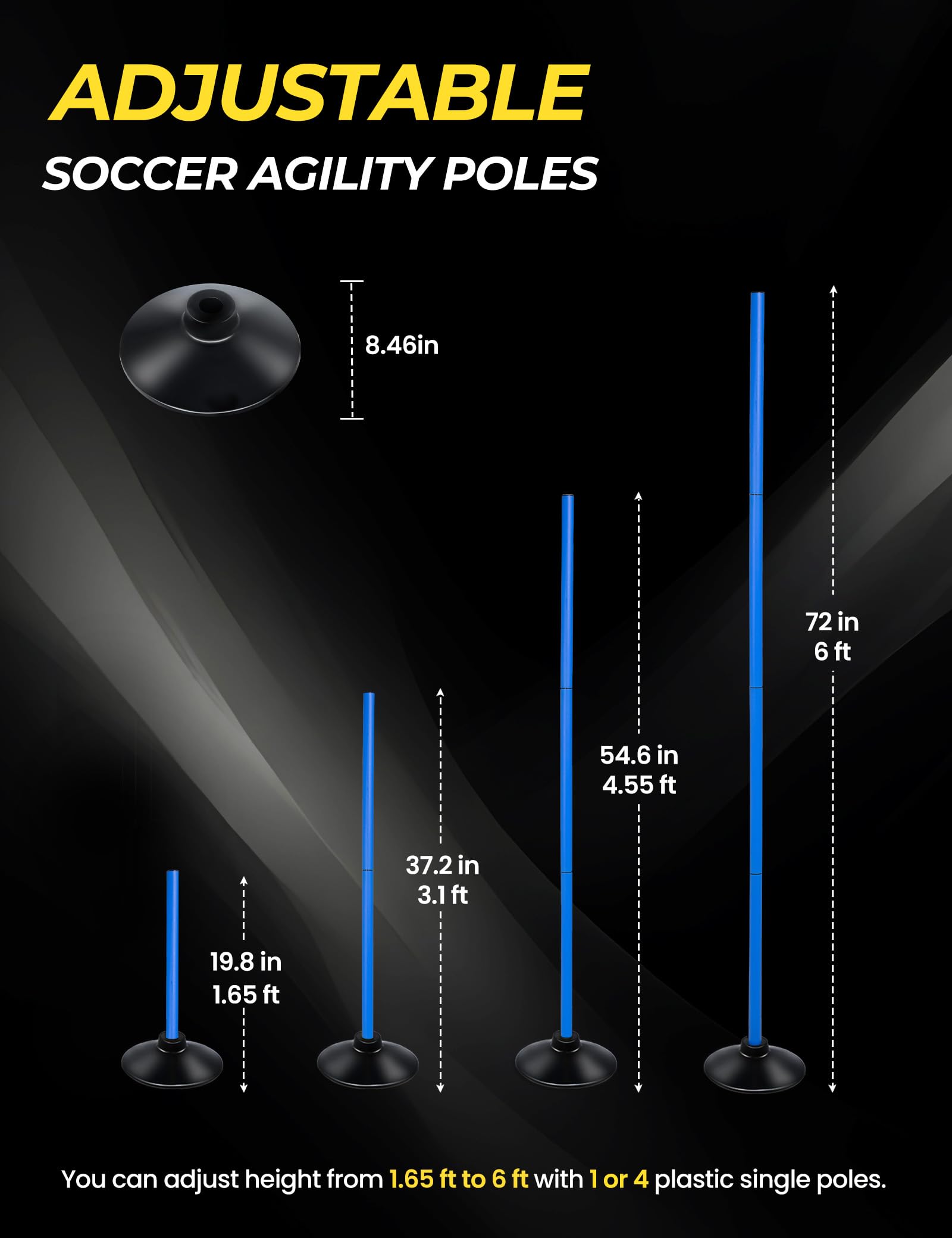 SEAOTTER Soccer Agility Poles Set, 4/6/10 Pcs 6ft Detachable Sports Trainning Speed Poles Slalom Poles with Rubber Base, Agility Training Equipment for Football, Rugby, Basketball, Indoor & Outdoor