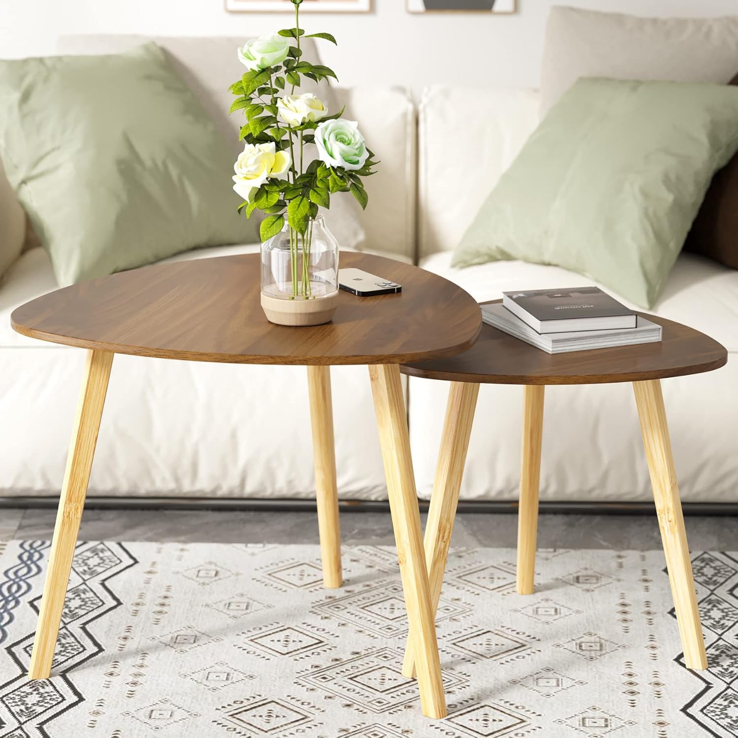BAMEOS Monstera Leaf Nesting Tables Set of 2, Small Side Tables f Set with Leaf Vein Pattern, Modern Wooden CoffeeTables for Living Room Bedroom Apartment Balcony Yard