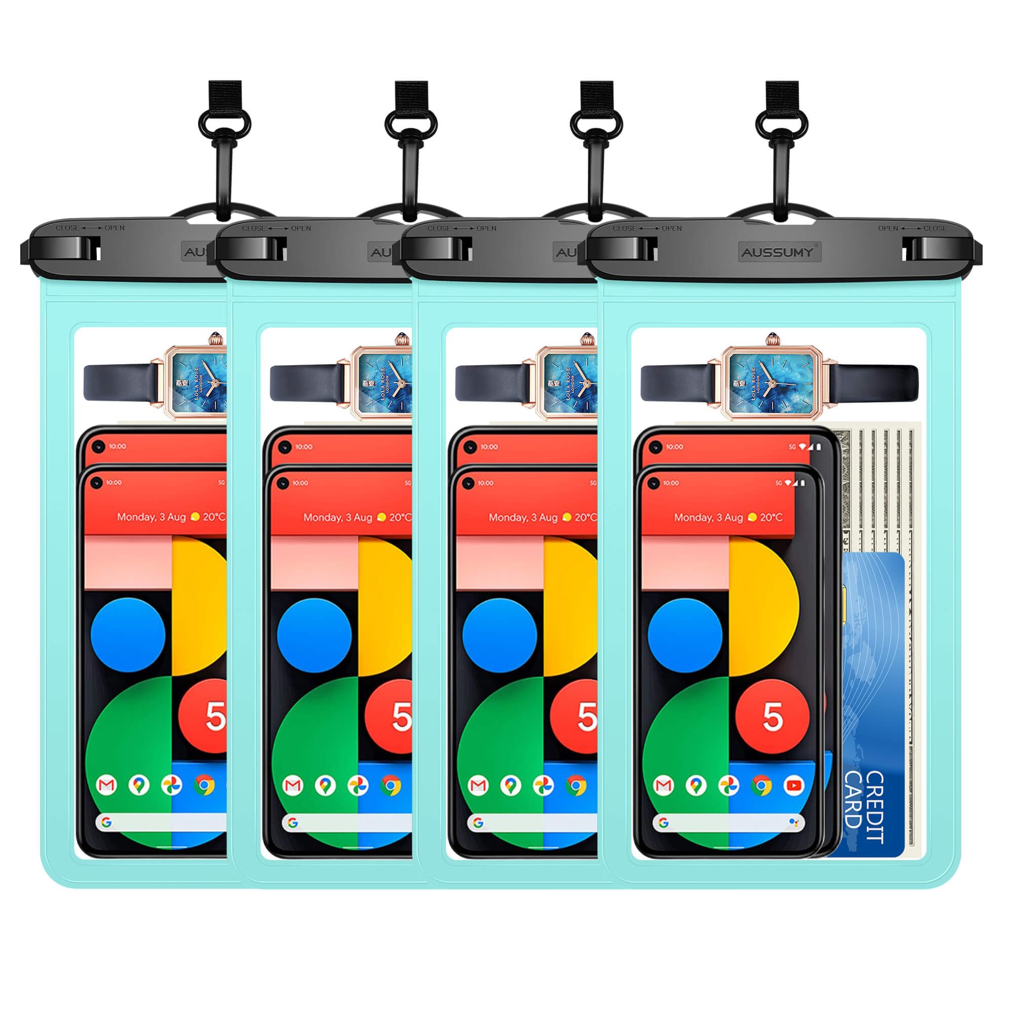4 Pack 10.5“ Large Waterproof Phone Pouch - Underwater Clear Cell Holder - Universal Water Proof Dry Bag with Neck Lanyard for iPhone 16 Pro Max Samsung Galaxy with Heavy Case for Beach Swimming Pool