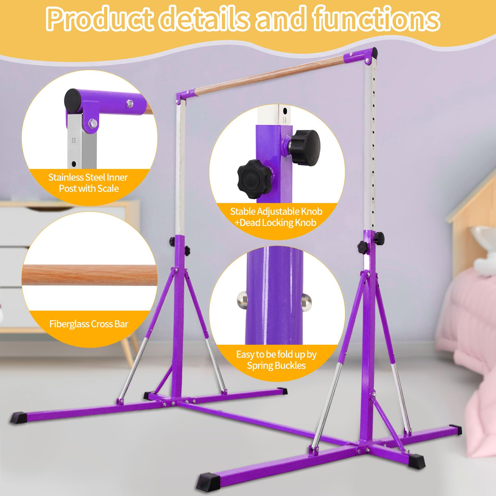 FC FUNCHEER Gymnastics Bar for Kids Ages 3-15, 35" to 60" Adjustable Height, 4FT Wide Base - Professional Kip Bar with 360° Stability & Fiberglass Crossbar, Easy Fold&Solid Design for Home Training