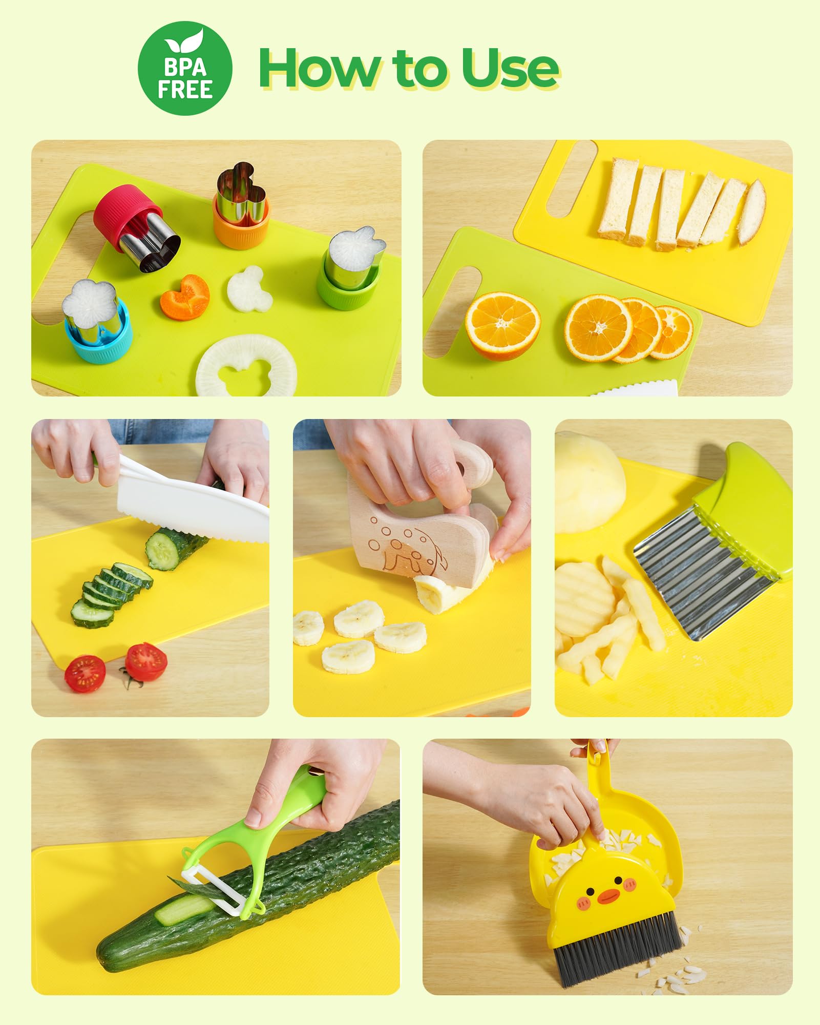 Kids Knife Set, 5 Pcs Montessori Kitchen Tools for Toddlers' Real Cooking for 3+, BPA Free Kids Safe Kitchen Cooking and Baking Set with Peeler, Cutting Board for Sandwich Bread Vegetable Fruit Gift