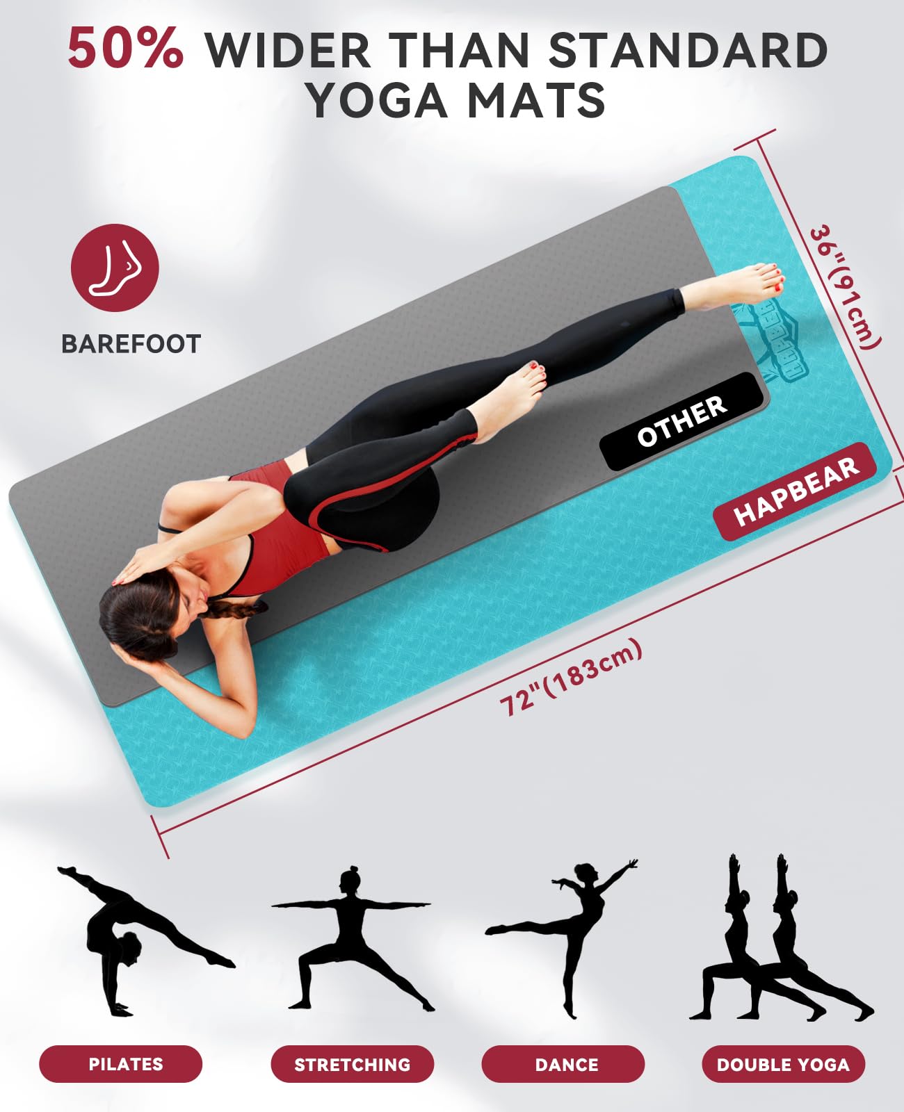 HAPBEAR Large Yoga Mat - 72"x36"x6mm (1/4 inch), Extra Wide Non-Slip Exercise Mat for Home Workout, Yoga, Pilates & Stretching, Durable, Includes Carry Bag