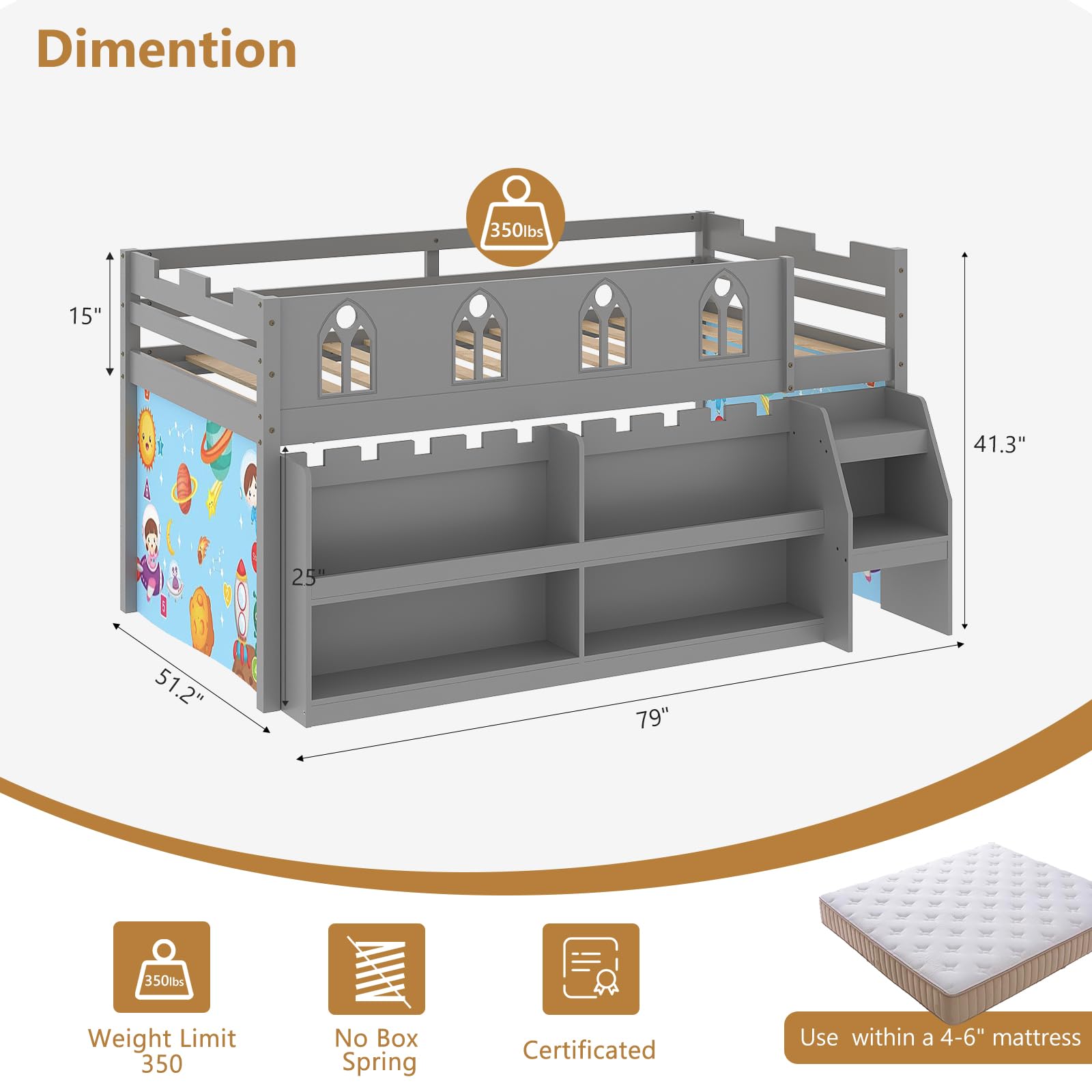 JOYMOR Low Loft Bed Twin Size with LED Lights, 4 Storage Shelves, Removable Curtain, Kids Wood Loft Bed with 15" H Safety Guardrail, Spave Saving, Mattress Not Included (Gray)