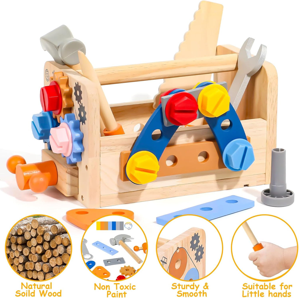 TONZE Kids Tool Set with Apron, 39 PCS Wooden Toddler Tool Bench Box Montessori Toys for 2 3 4 Year Old Boys Girls, Educational STEM Construction Toys Pretend Play Toddler Toys Age 3-5 Birthday Gift