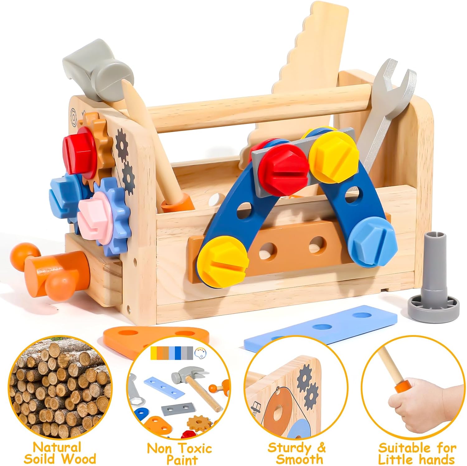 TONZE Kids Tool Set with Apron, 39 PCS Wooden Toddler Tool Bench Box Montessori Toys for 2 3 4 Year Old Boys Girls, Educational STEM Construction Toys Pretend Play Toddler Toys Age 3-5 Birthday Gift