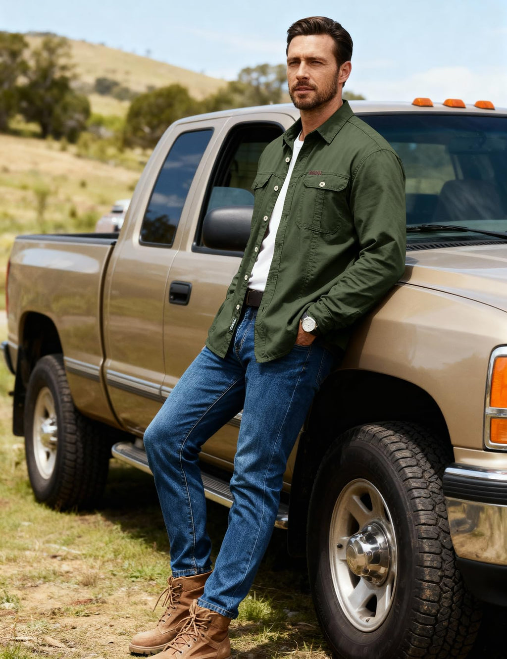 Eisctnd Men's Long Sleeve Cotton Work Shirt Casual Loose Fit Button Down Shirts with 2-Pocket for Outdoor Safari