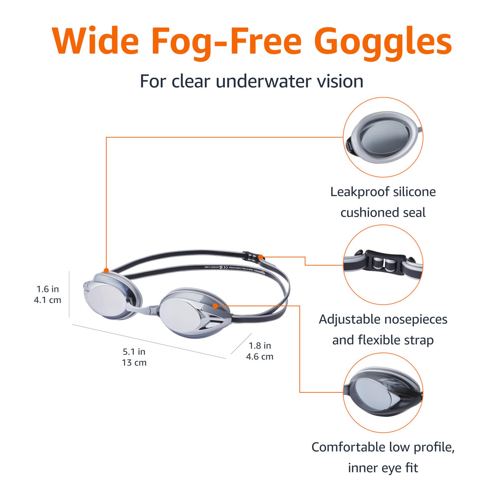 Amazon Basics Unisex Swim Goggles for Adults, Anti-Fog, Unisex, Wide View, 4 Interchangeable Nosepieces