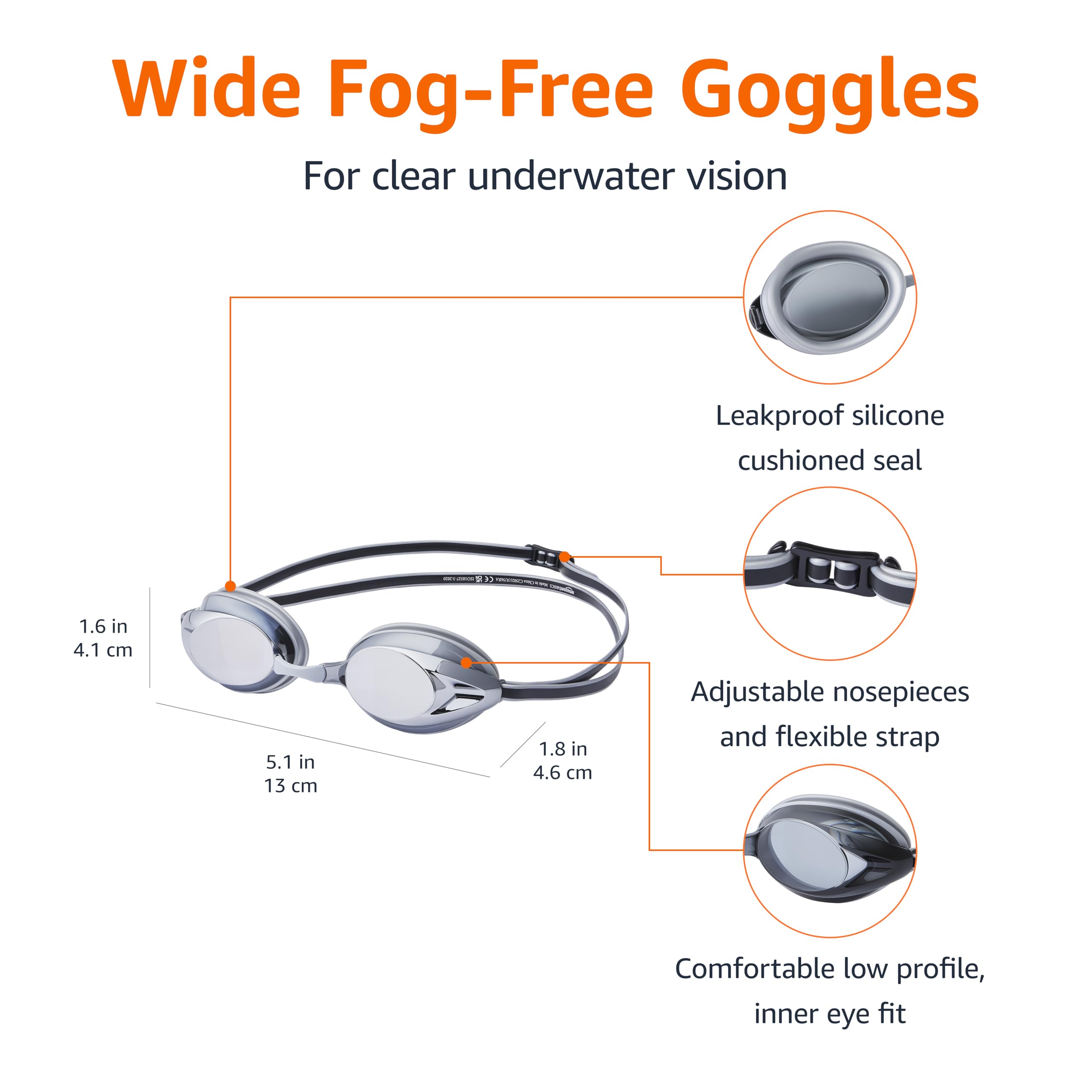 Amazon Basics Unisex Swim Goggles for Adults, Anti-Fog, Unisex, Wide View, 4 Interchangeable Nosepieces