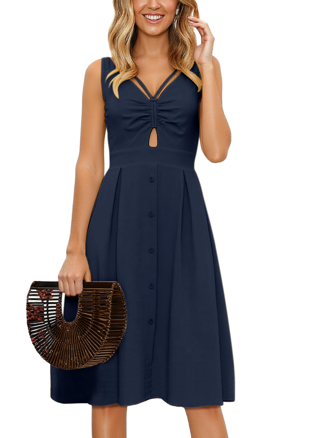 ECOWISH Women 2026 Summer Dresses Tie Front V-Neck Spaghetti Strap Button Down A-Line Backless Swing Midi Dress