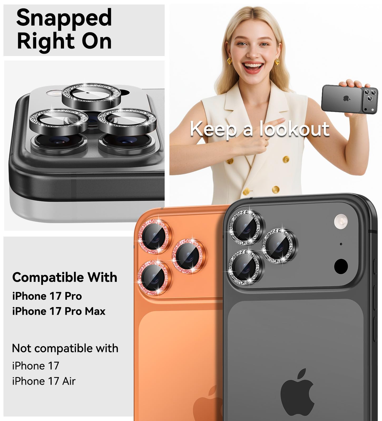 Matekxy Glitter Camera-Lens Protector for iPhone-16 Pro-Max - 16 Pro Anti-Scratch Tempered Glass with Aluminum Edging, Cute Girly Metal Individual Bling Ring Cover for Women, Black Titanium