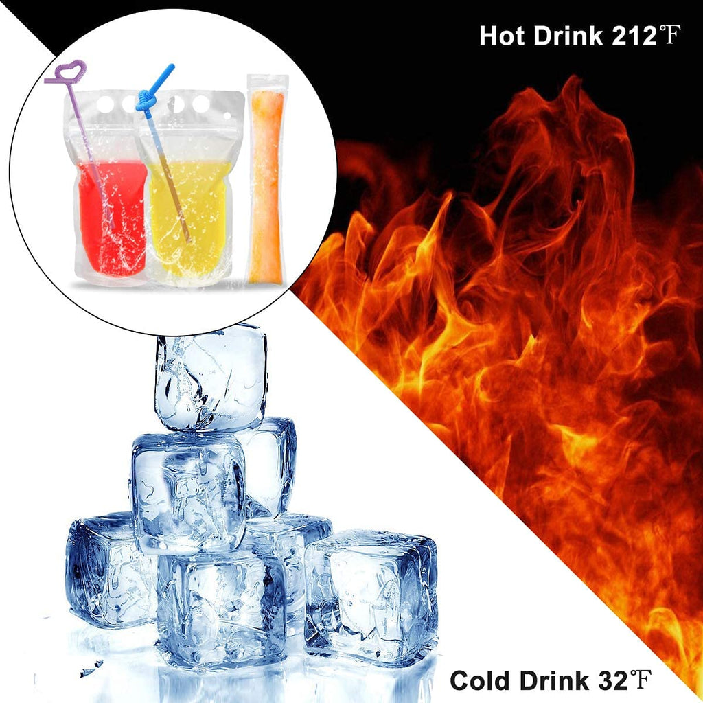 100 Pcs Drink Pouches with 100 Straw Holes, Freezable Juice Pouches, Translucent Reclosable Zipper Plastic Pouche Drink Bags for Cold & Hot Drinks for Adults and Kids World Cup Party