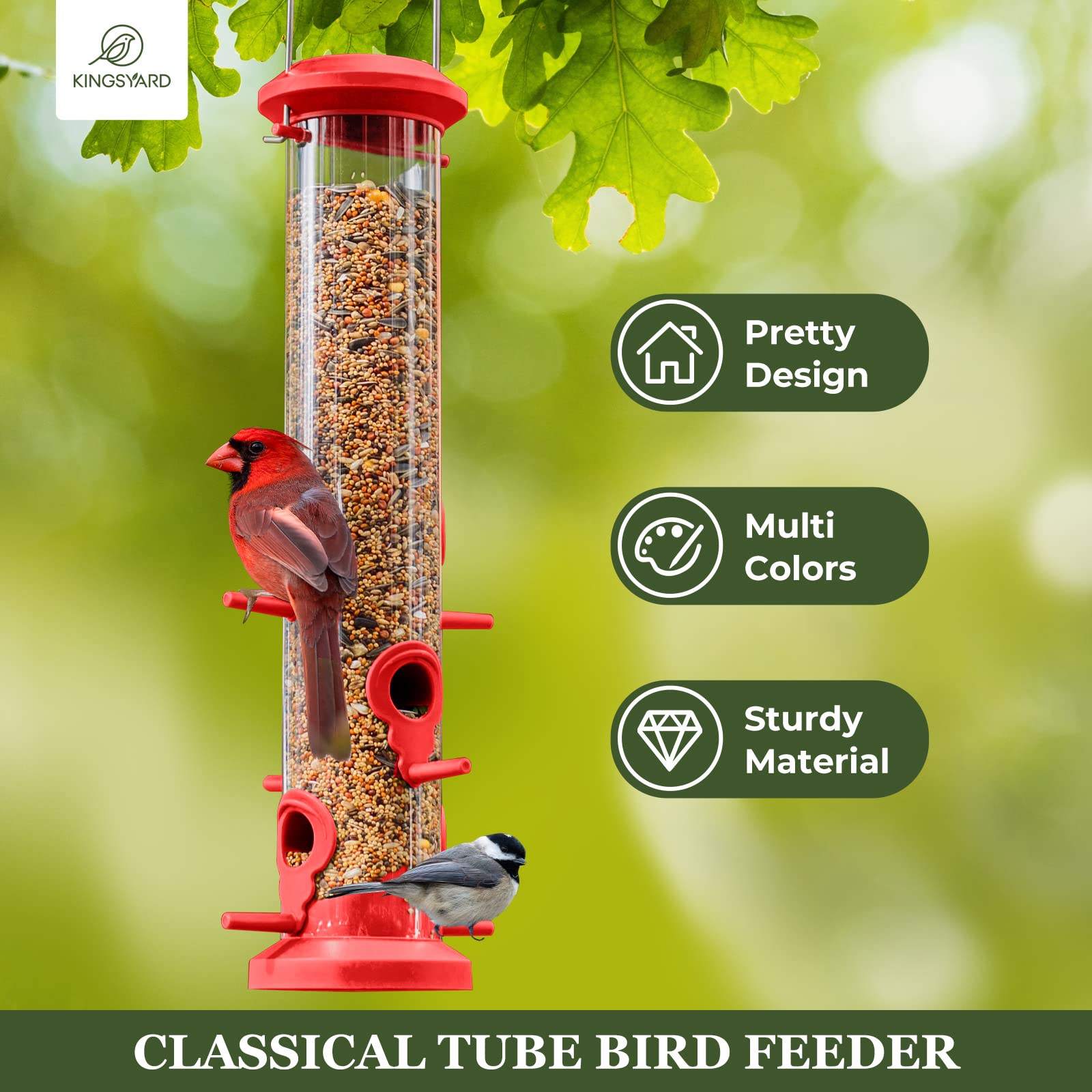 Kingsyard 2 Pack Tube Feeders with 6 Feeding Ports for Outdoors Hanging, Premium Hard Plastic Weatherproof & Steel Hanger, Attracting for Wild Birds (Black)