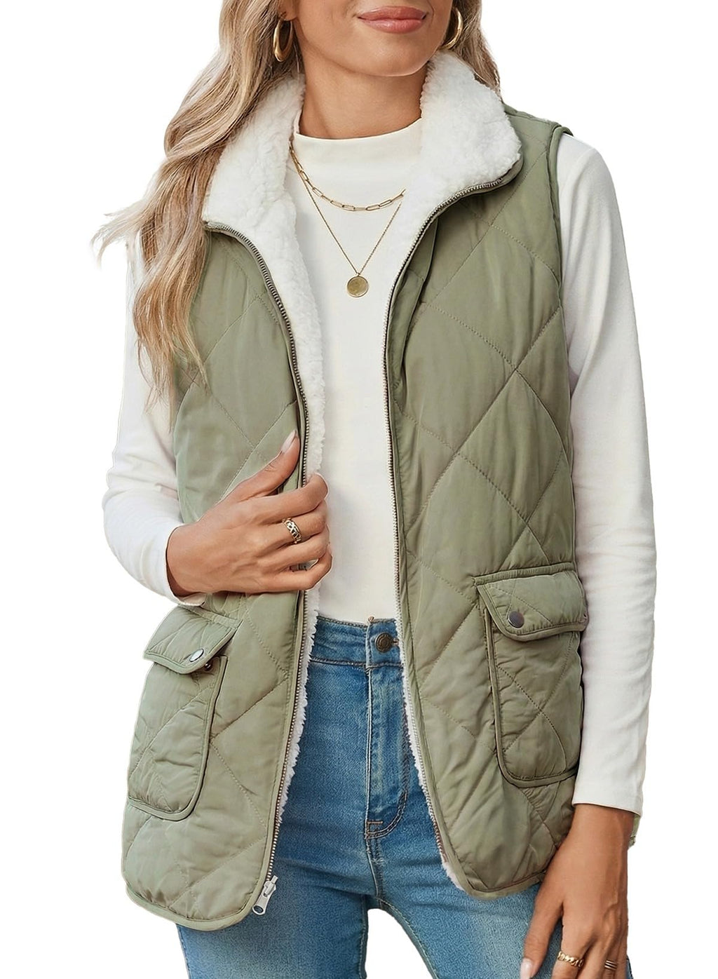 SHEWIN Women Puffer Vest Casual Stand Collar Sleeveless Puffer Jacket Warm Winter Reversible Zip Up Outerwear with Pockets