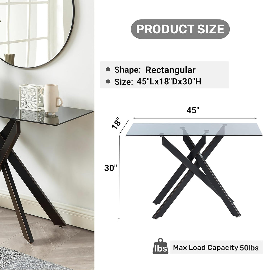 Edwin's Choice Black Glass Console Table Narrow Sofa Table with Grey Tempered Glass Top and Black Metal Tubular Legs with Gold Rim, 45”Lx18”Wx30”H