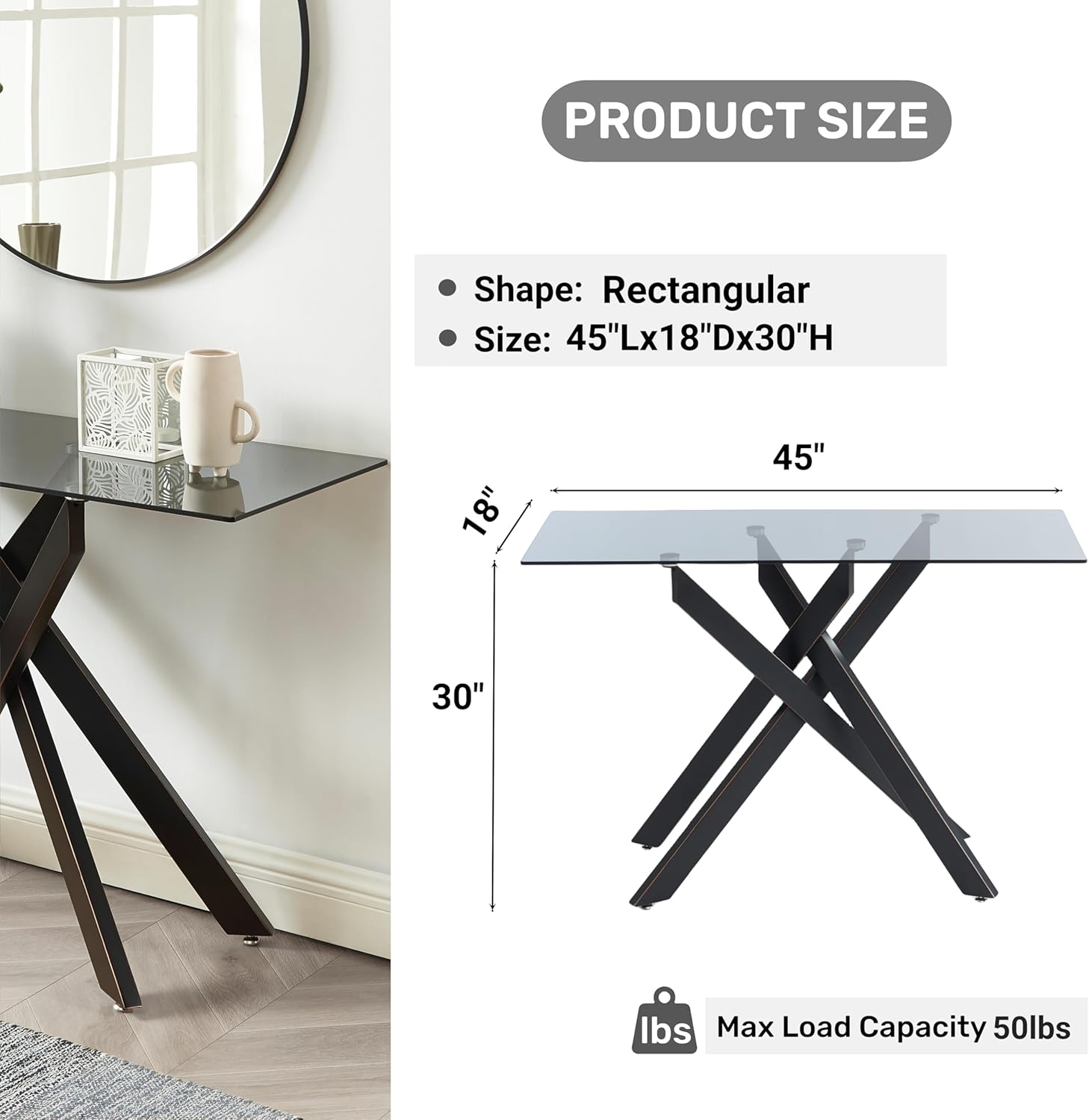 Edwin's Choice Black Glass Console Table Narrow Sofa Table with Grey Tempered Glass Top and Black Metal Tubular Legs with Gold Rim, 45”Lx18”Wx30”H
