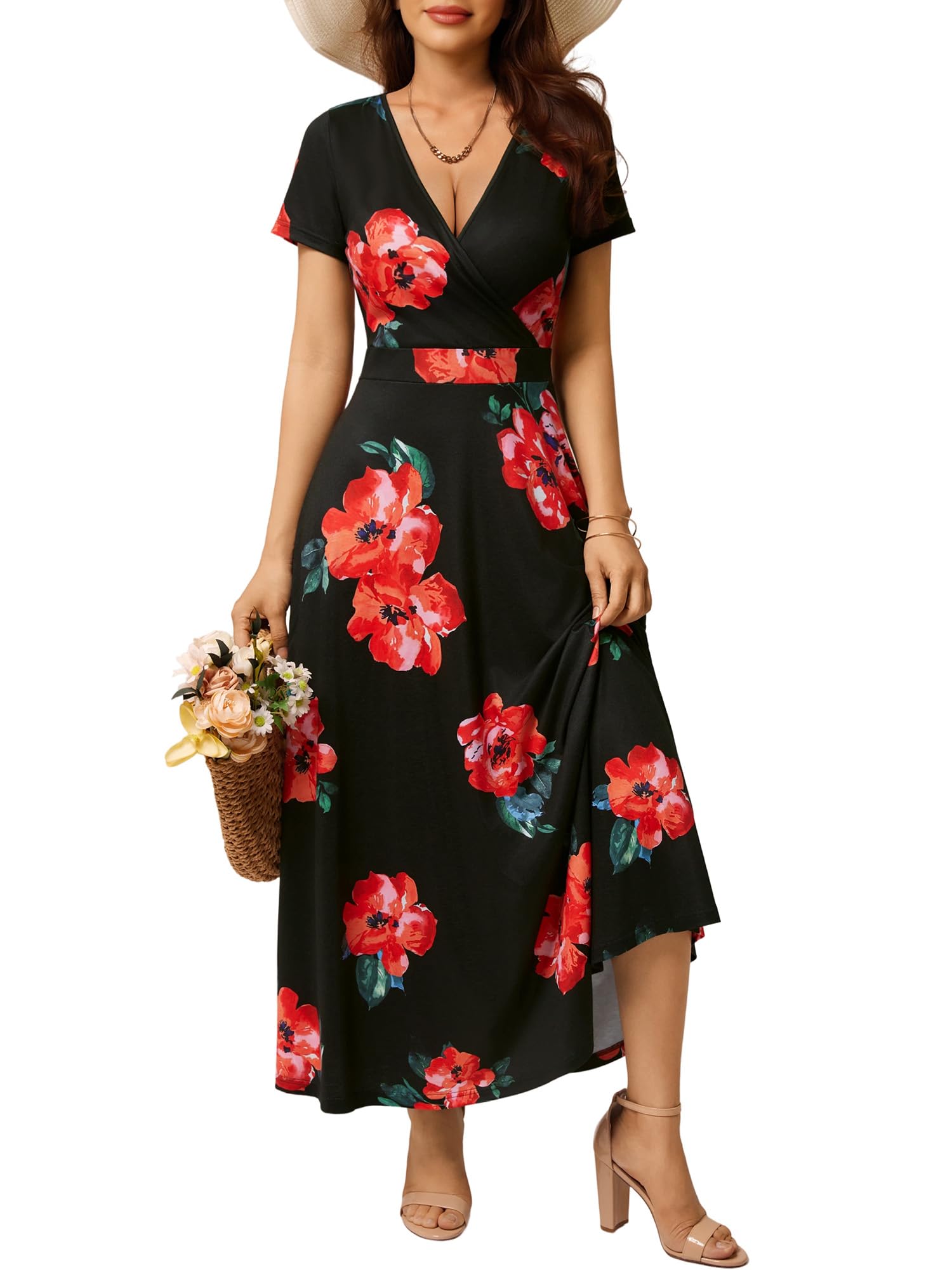 HUHOT Women's Short Sleeve Wrap V Neck Dresses for Wedding Guest Summer Floral Maxi Sundresses with Pockets Boho Dress