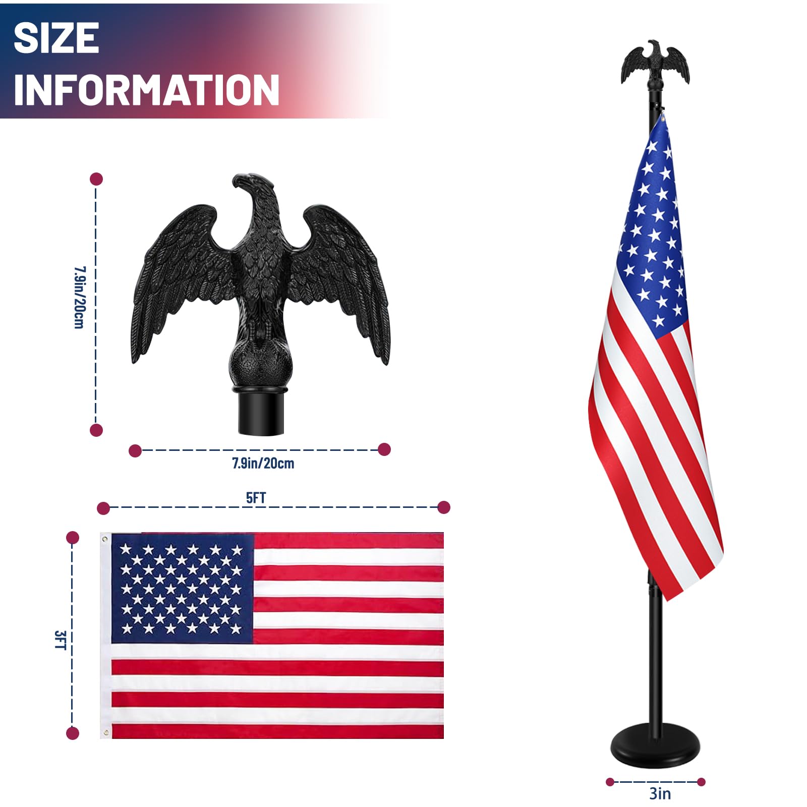Indoor Flagpole with Base,Telescoping Flag Pole 6FT-8FT, Flagpoles Rotate 360 Degrees, 3X5 USA Flag-Heavy Duty Water Resistant Polyester Canvas Embroidered Stars. Suitable for Office, Auditorium, School, Use (1-pack)