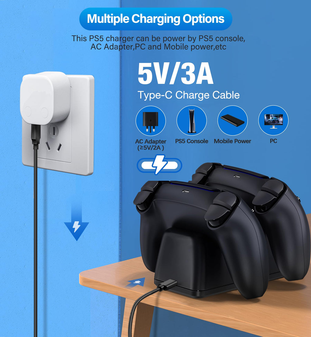 Controller Charging Station for PlayStation 5 Dualsense Controller with Dual Stand Charger Dock, Upgrade Charger for PS5 Accessories Fast Charging Cable, Charging Station Black for PS5