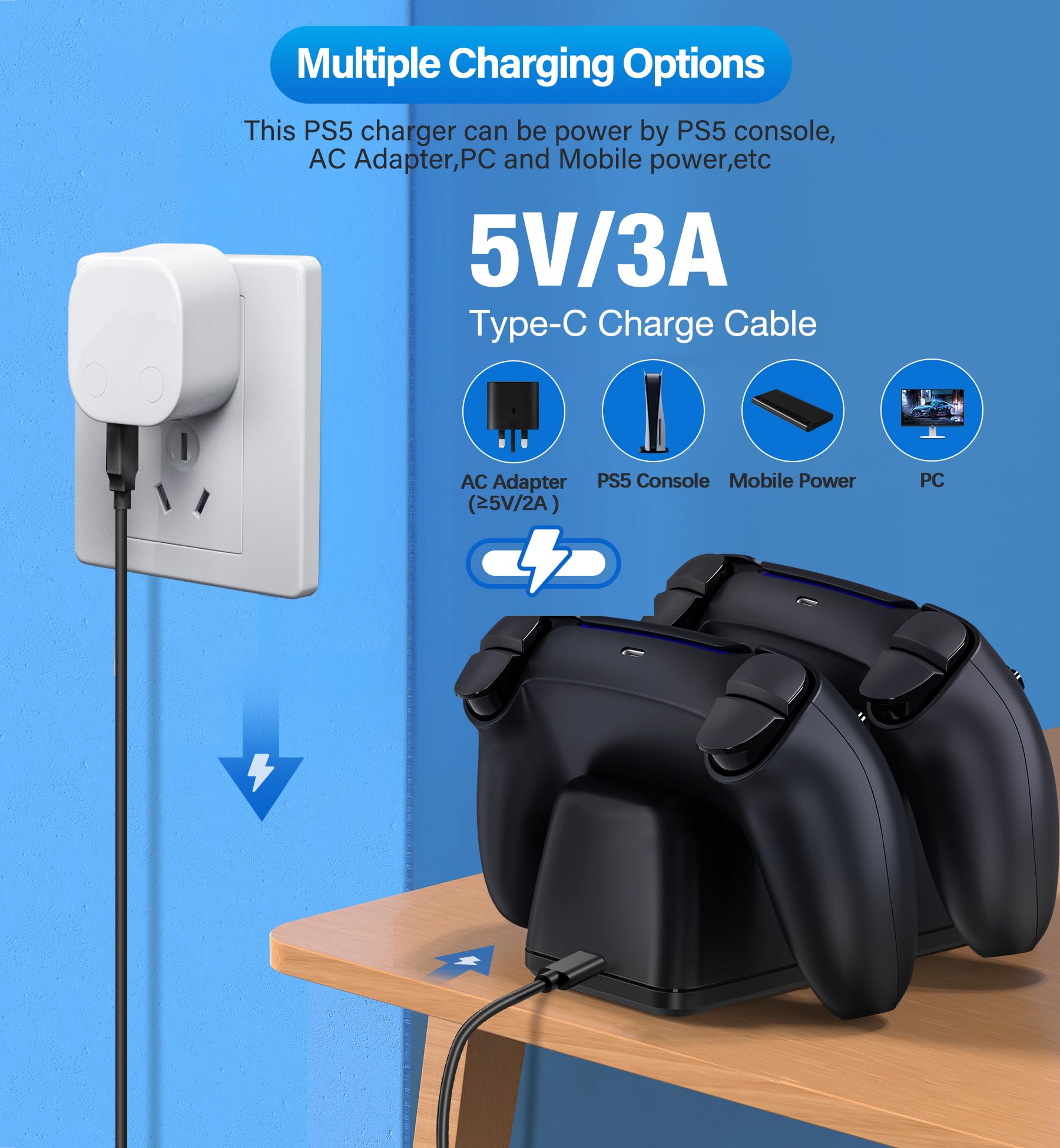 Controller Charging Station for PlayStation 5 Dualsense Controller with Dual Stand Charger Dock, Upgrade Charger for PS5 Accessories Fast Charging Cable, Charging Station Black for PS5