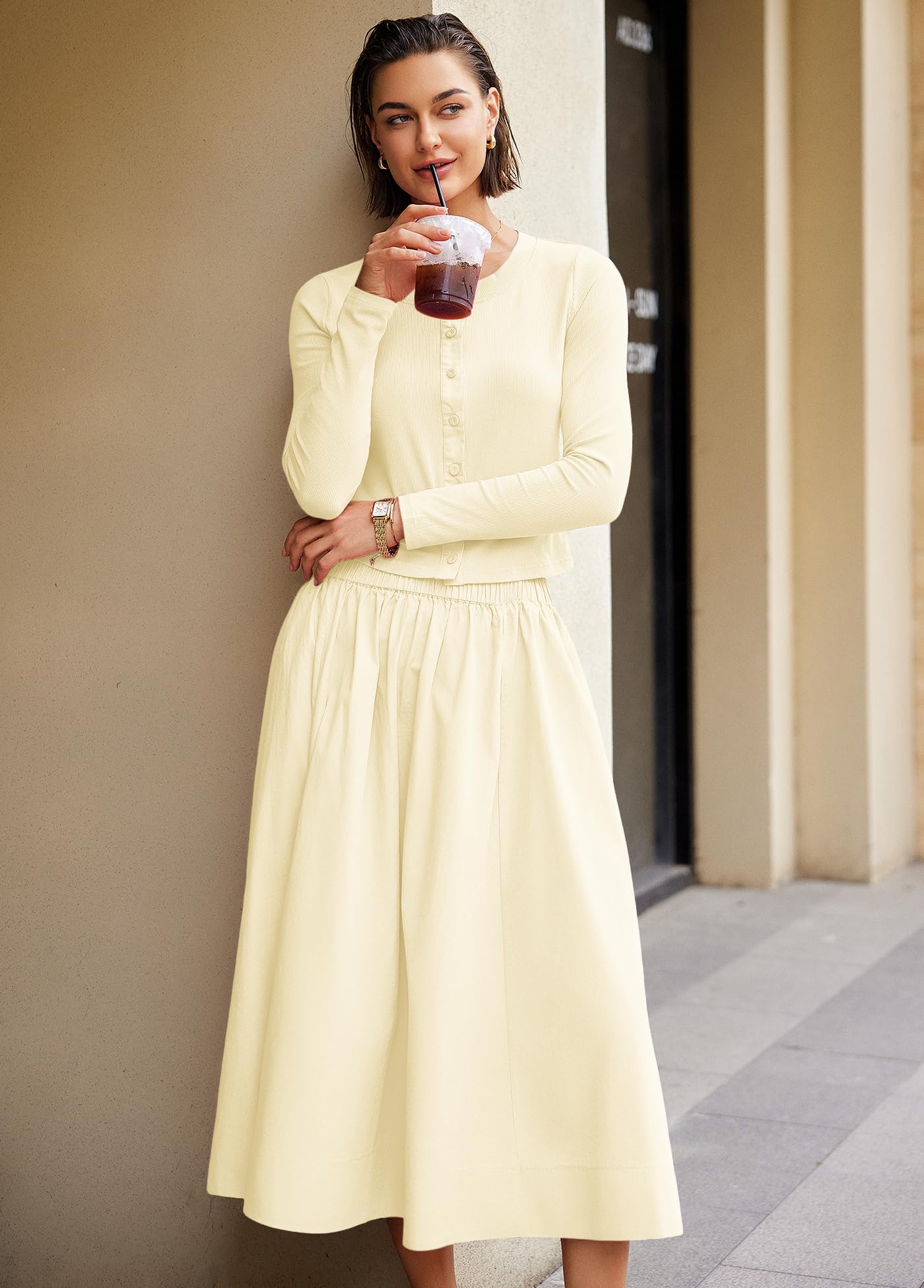 Panadila Womens 2 Piece Lounge Sets Matching Vacation Outfits Ribbed Button Down Cardigan and Elastic Waist Skirt Sets