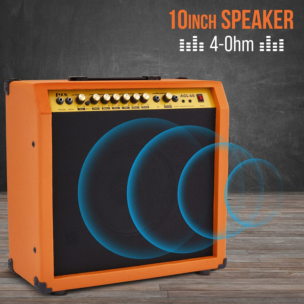 LyxPro Electric Guitar Amp 20 Watt Amplifier Built in Speaker Headphone Jack and Aux Input Includes Gain Bass Treble Volume and Grind - Black
