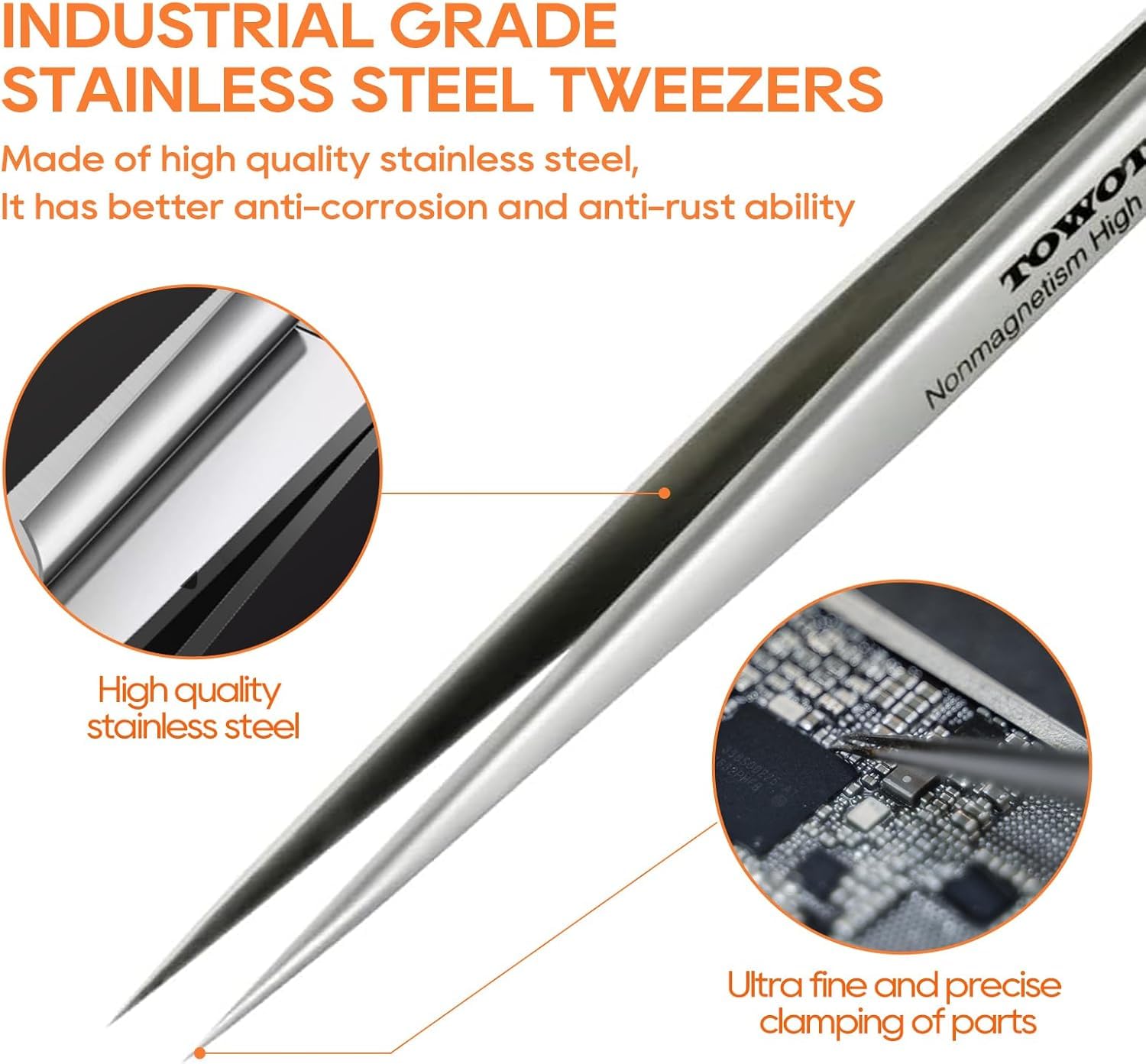 Precision Tweezers, Stainless Steel Pointed Ultrafine Tweezers for Craft, Electronics, Soldering, Experimental Work, Jewelry-Making, Non-Magnetic Industrial Tweezers, by TOWOT