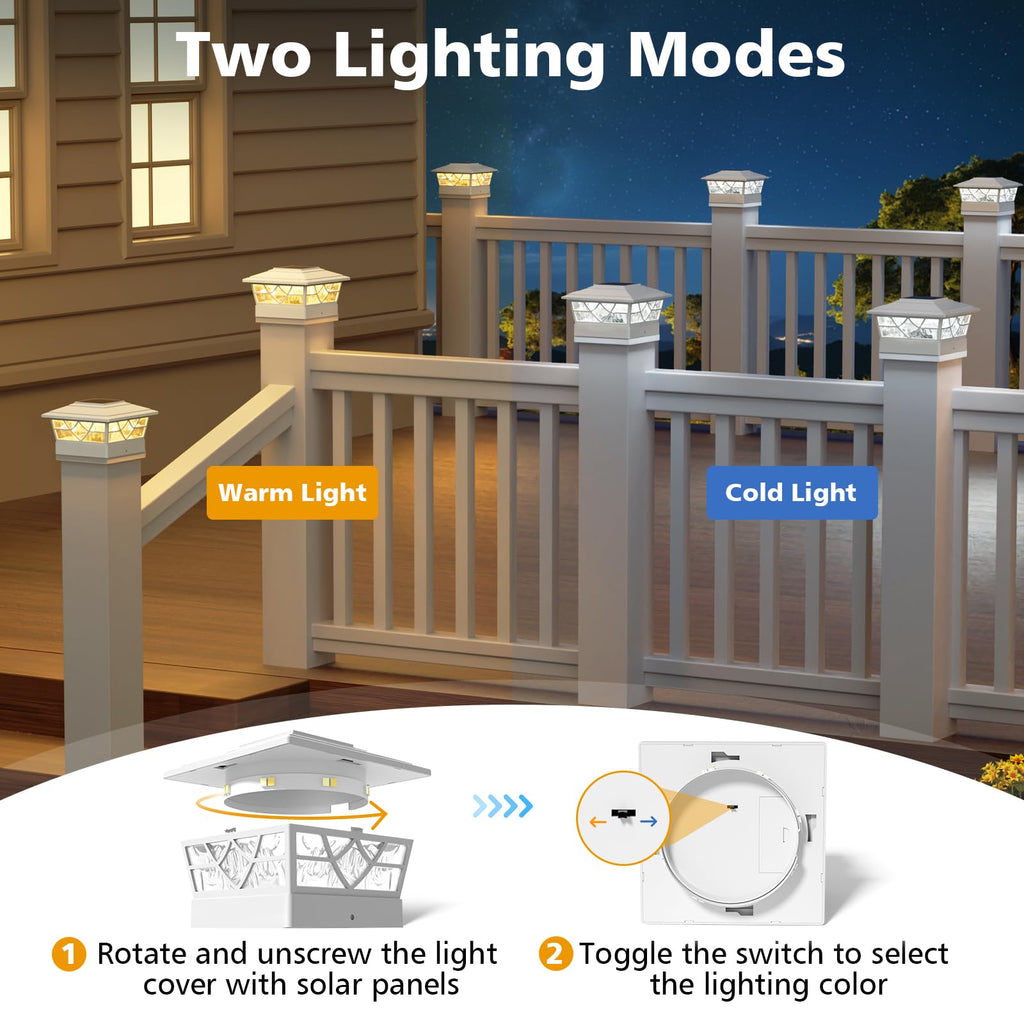 NIORSUN Solar Post Lights Outdoor 4 Pack, 2 Modes LED, Deck Fence Post Solar Lights for 3.5x3.5 4x4 5x5 5.5x5.5 Caps Patio Garden Decoration, White