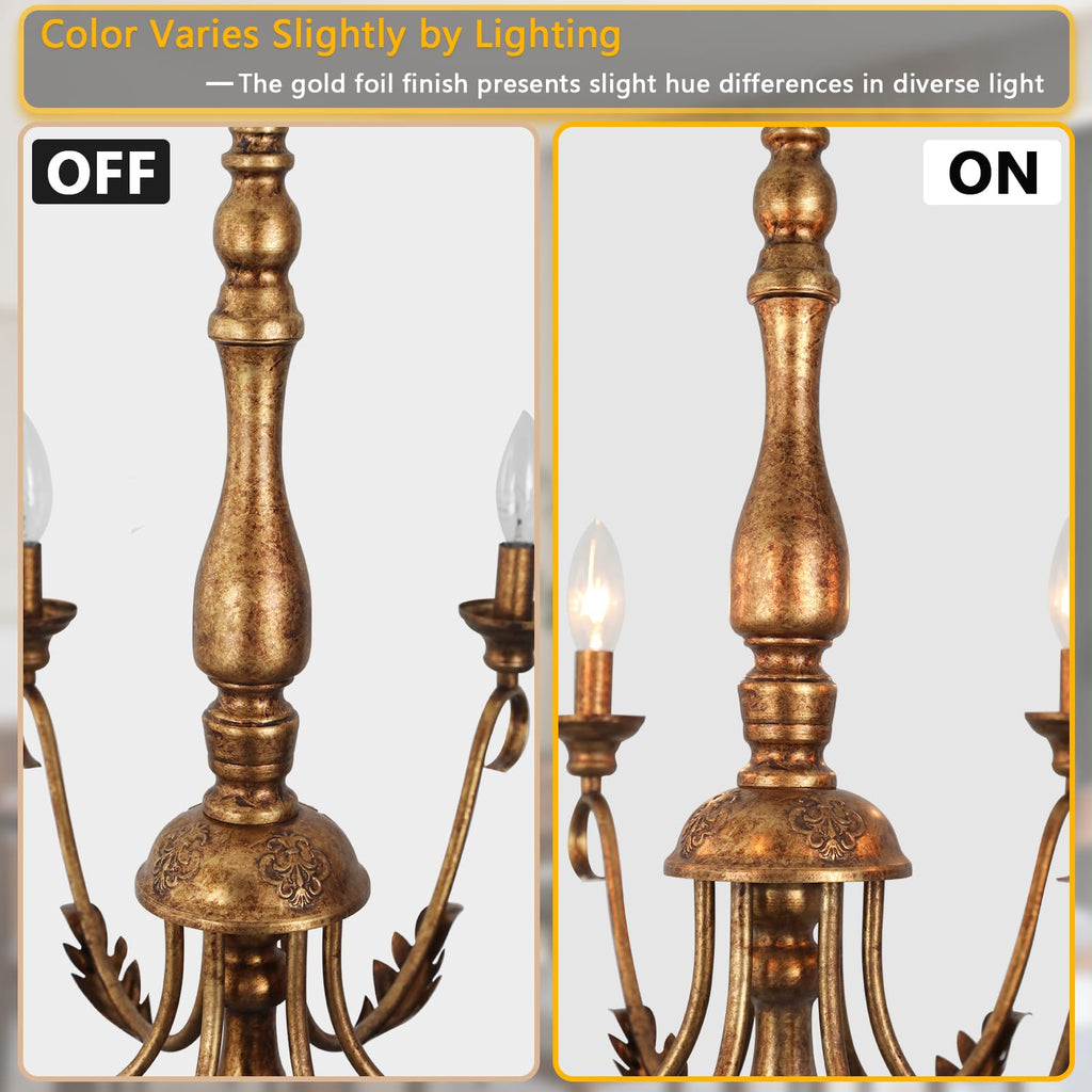 6-Light Farmhouse Chandeliers for Dining Room, 23.62'' Vintage Brass Gold Chandelier, Adjustable Rustic Metal Hanging Pendant Light Fixture for Kitchen Island Entryway Foyer Bedroom Hallway