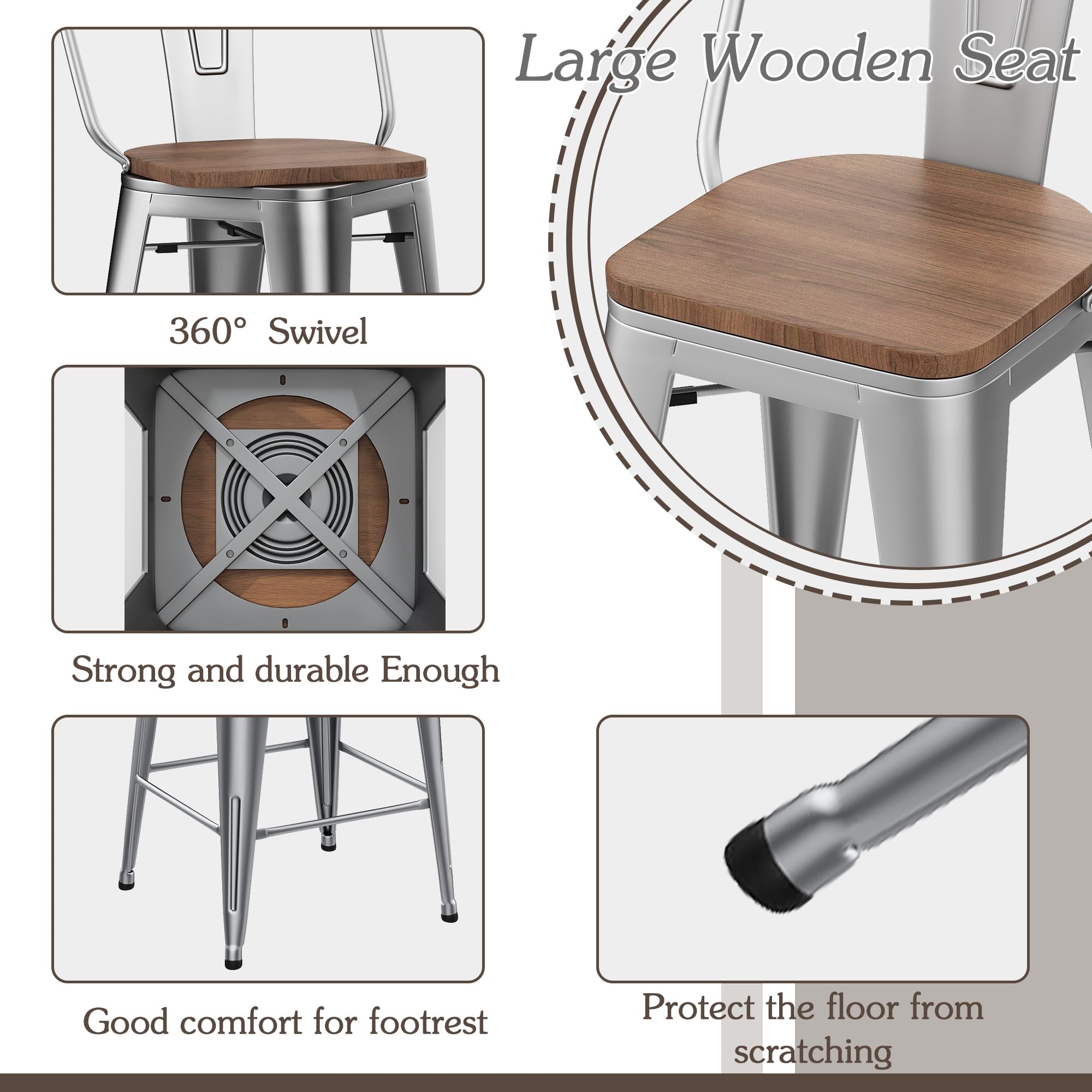Alunaune 24" Swivel Metal Bar Stools Set of 4 High Back Counter Height Barstools Industrial Dining Bar Chairs with Large Wooden Seat-Matte Black
