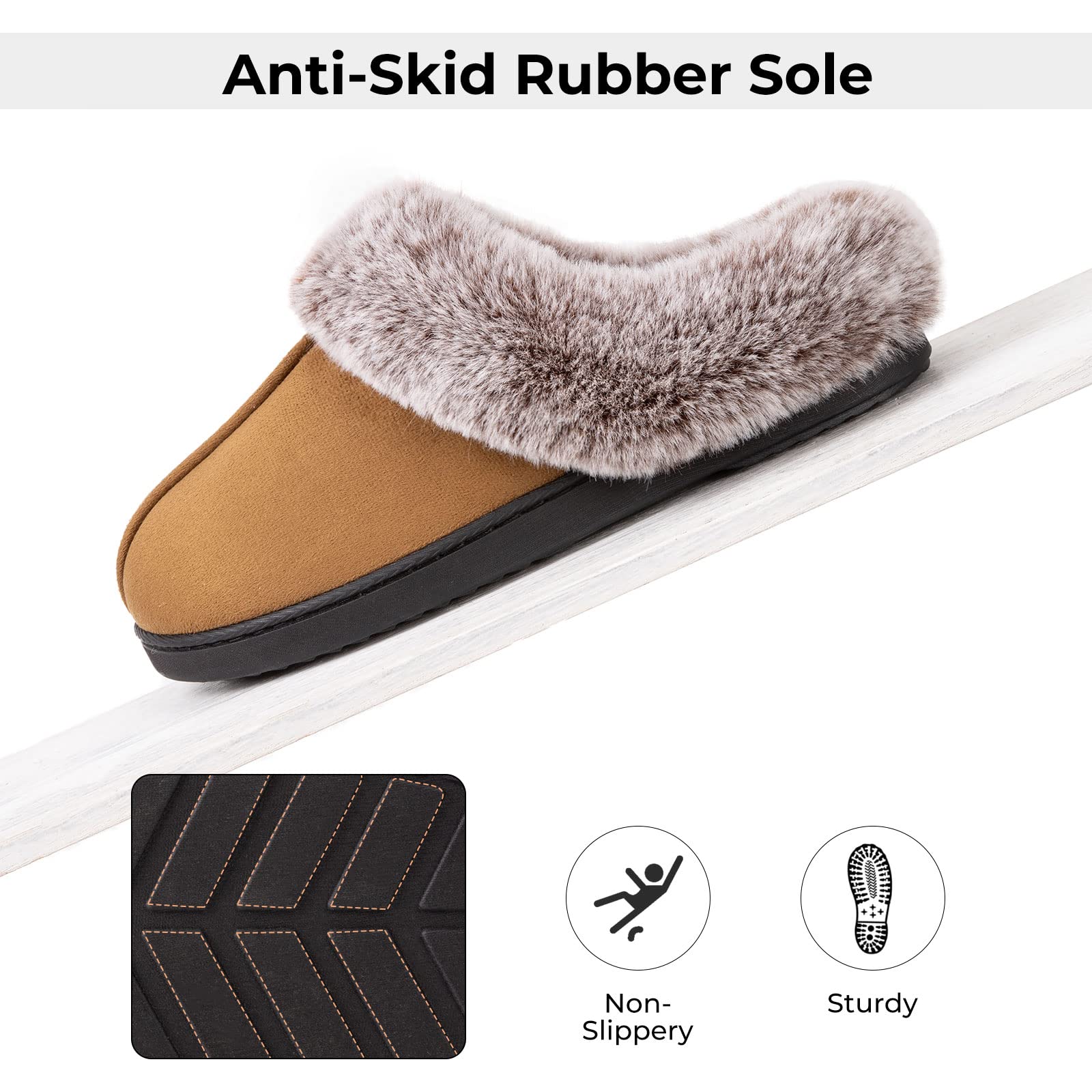 HomeTop Women's Classic Microsuede Memory Foam Slippers Durable Rubber Sole with Warm Faux Fur Collar