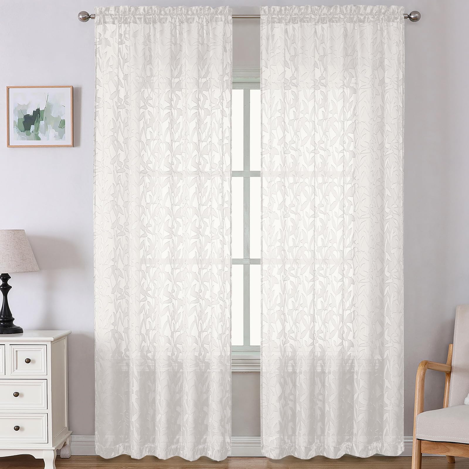 Lecloud Leia 14 Inch Black Sheer Valances for Windows 2 Pcs, Airy Jacquard Leaf Textured Short Curtains for Living Room Kitchen Bedroom Basement, Dual Rod Pockets Small Curtain, 28" W x 14" L